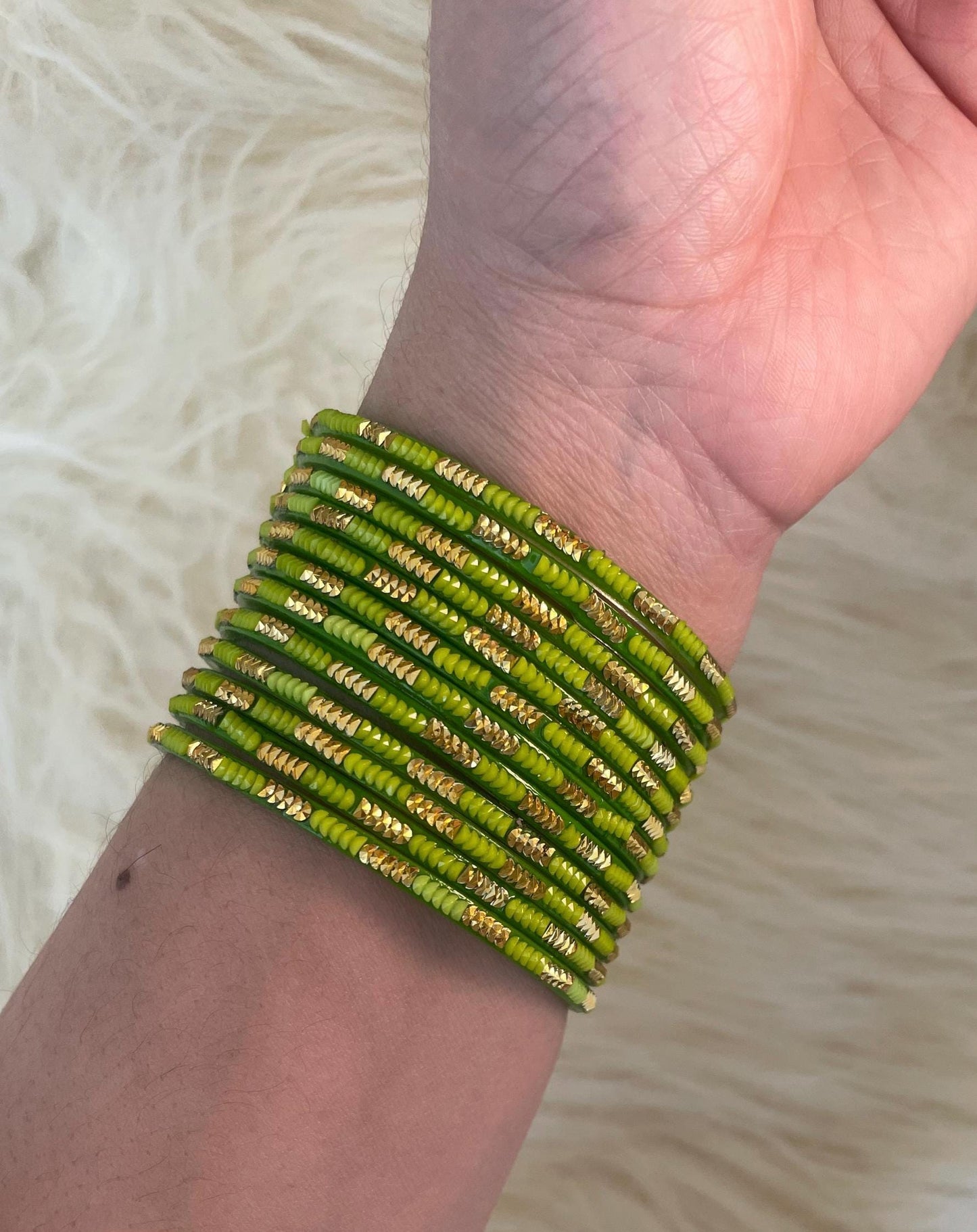 Light Green Tota Coloured Glass Bangles with embellishments | 12 Bangles