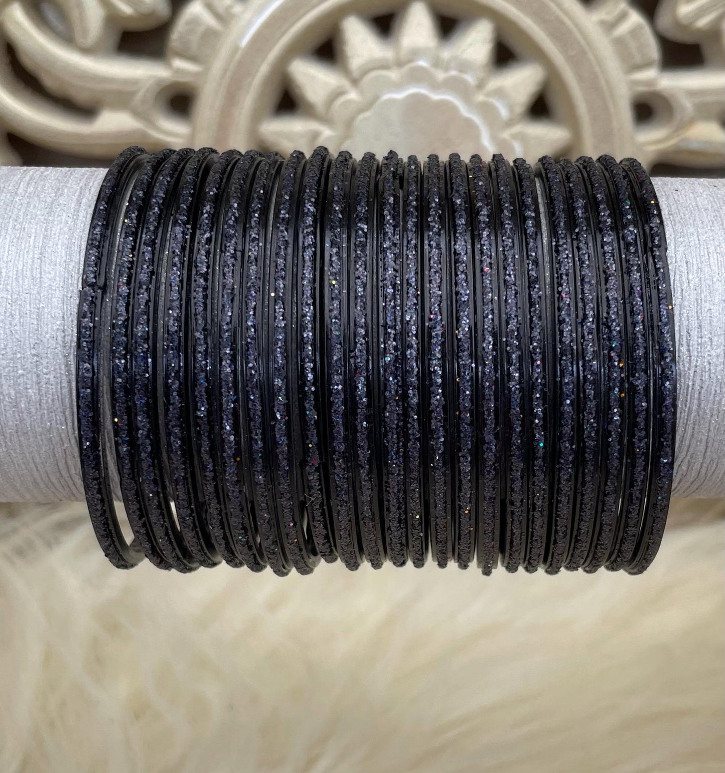 Glass Bangles- Black Colour Pack of 12 Glitter