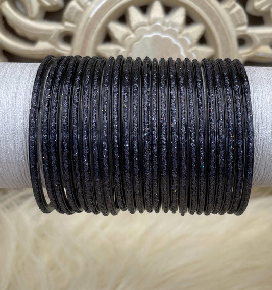 Glass Bangles- Black Colour Pack of 12 Glitter