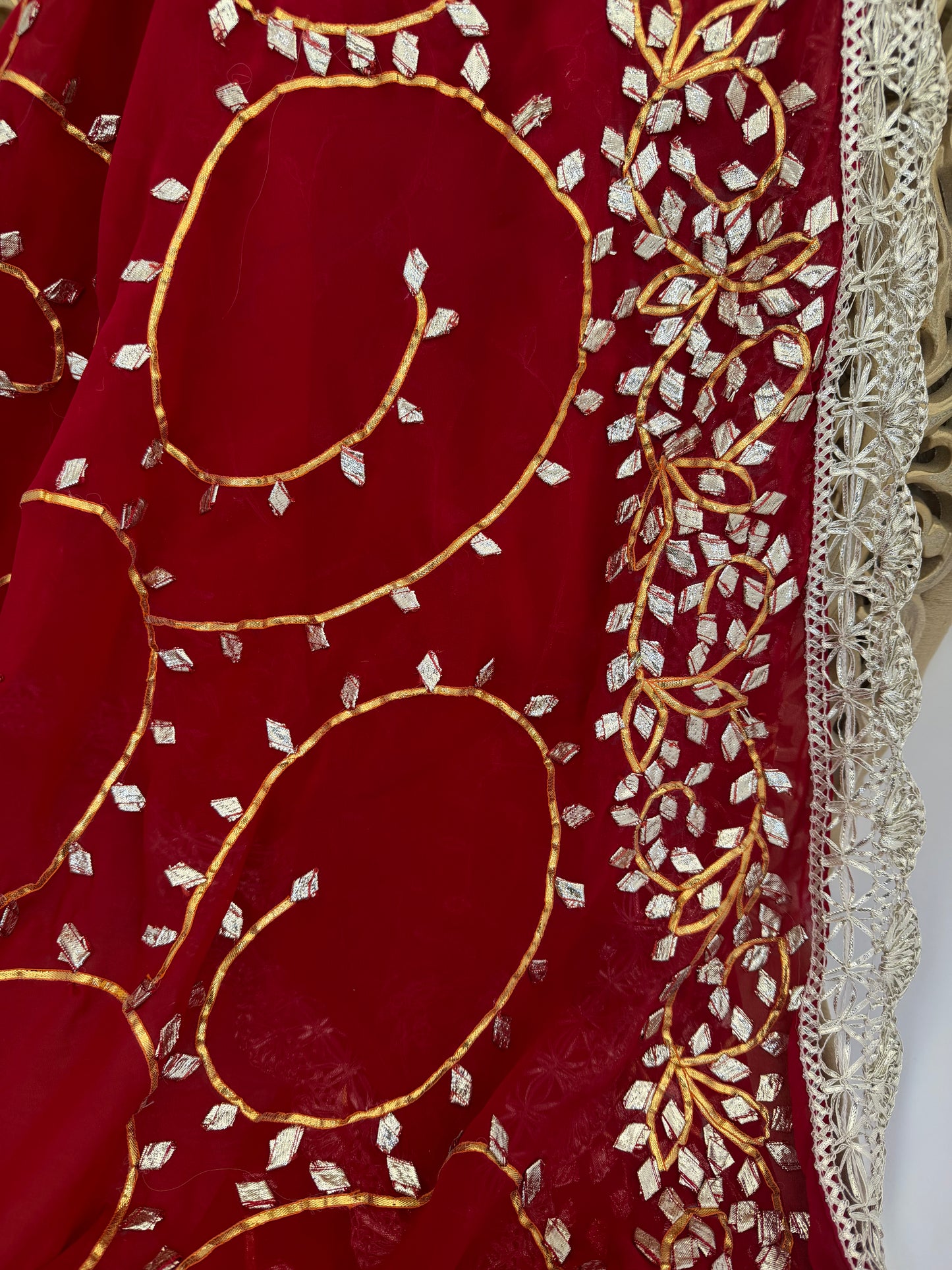 Dark-Red Silver Georgette Dupattas Heavy gota work border Scarf Chunni Chunri Odhni| Clearance