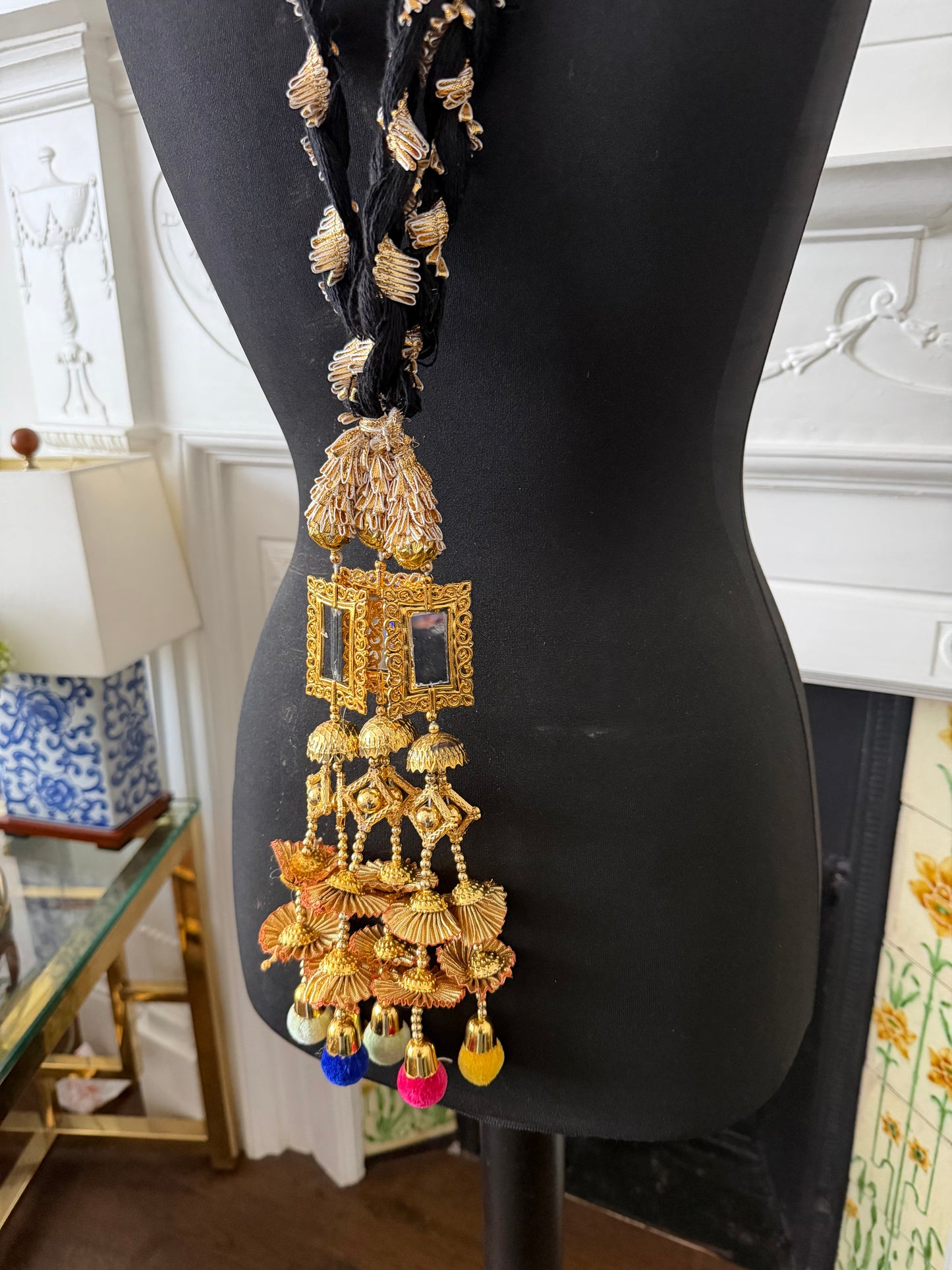 Gold Baubles Mirror Paranda Parande Mehendi Sangeet Maiyo Hair Braids Punjabi Weddings Phulkari