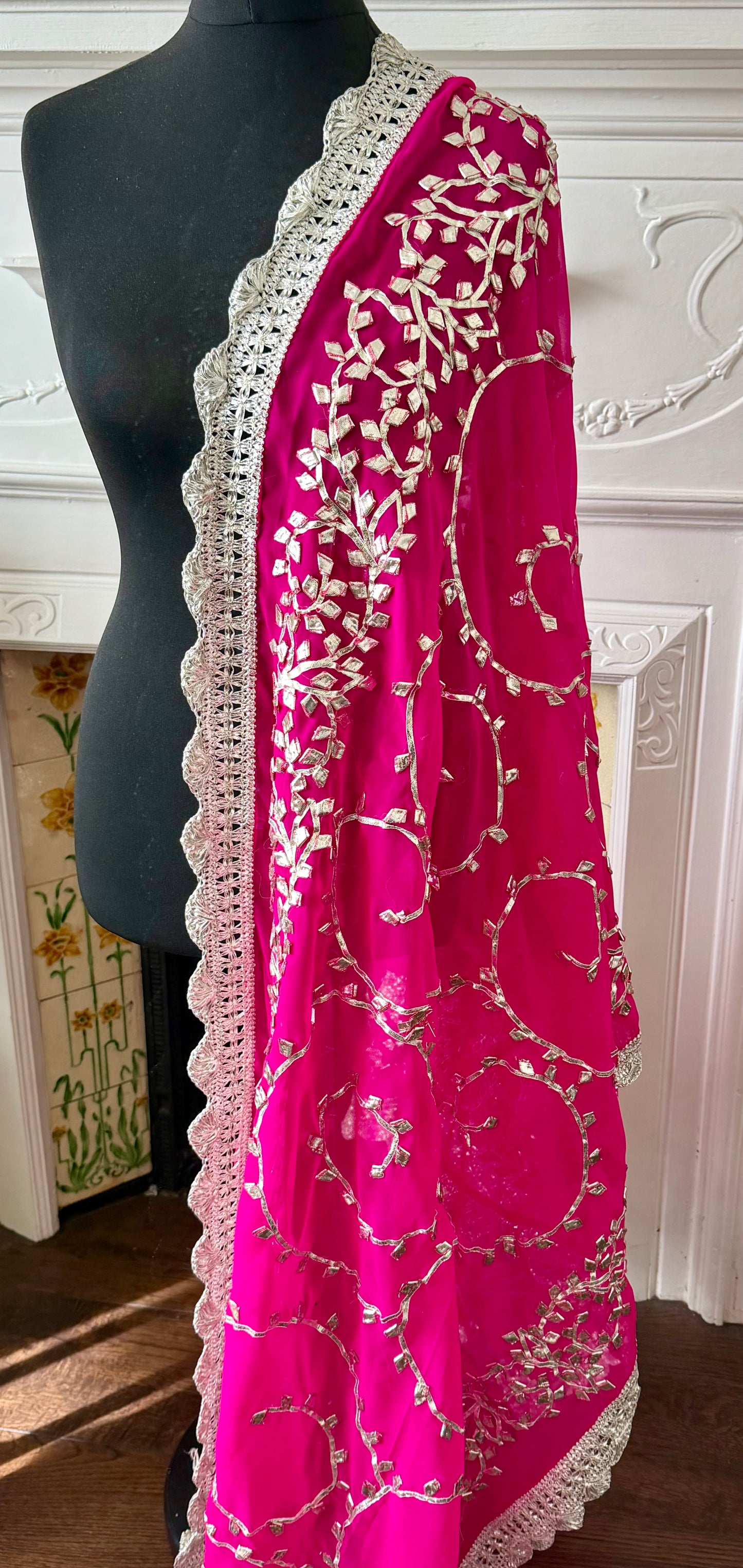Hot-Pink Silver Georgette Dupattas Heavy gota work border Scarf Chunni Chunri Odhni| Clearance|Defects
