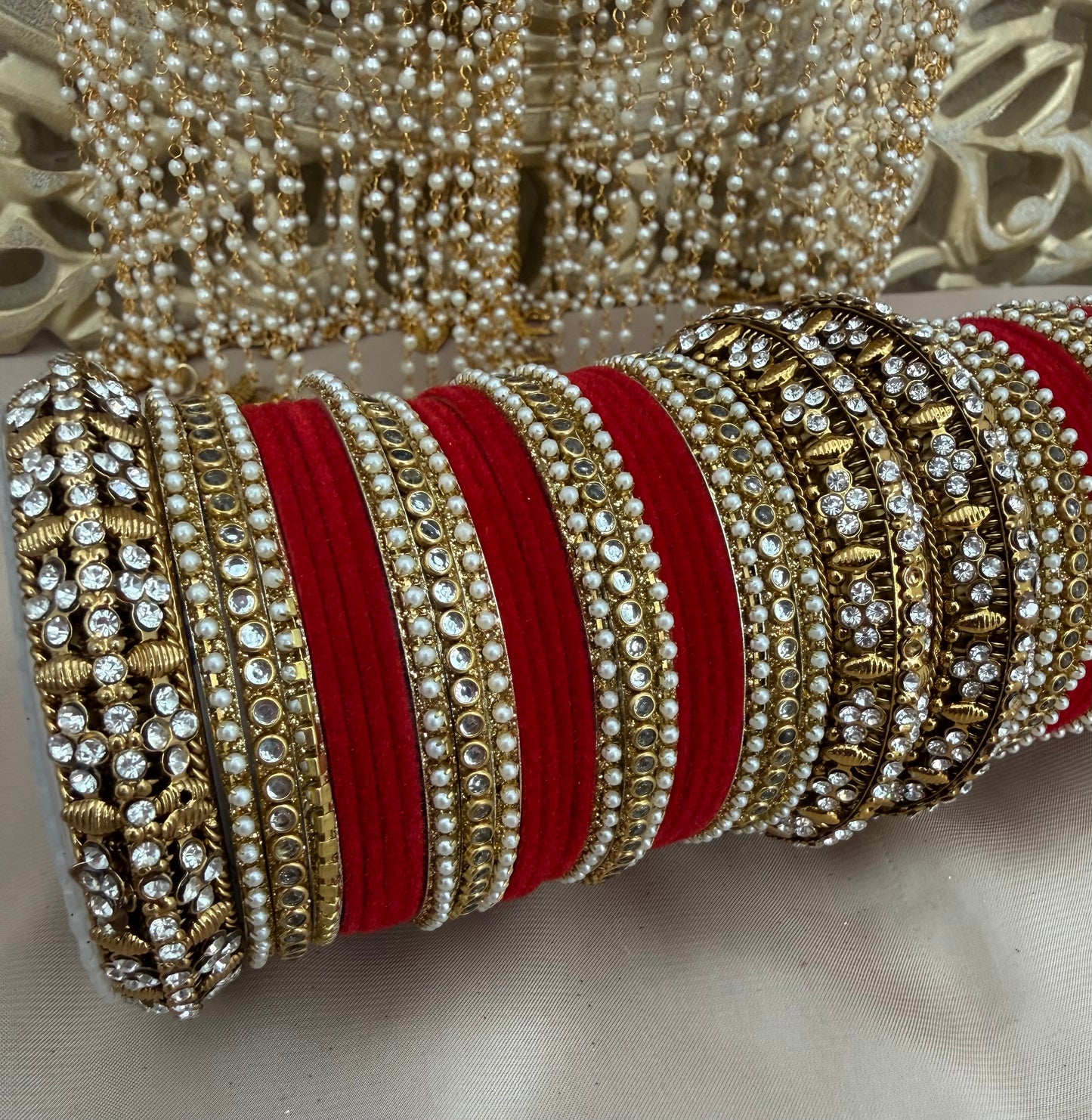 Red Velvet Bridal Bangle Stack: Kundan Indian Jewelry| Pearls| Chooras | Set for both hands| Can be customised in other colours*