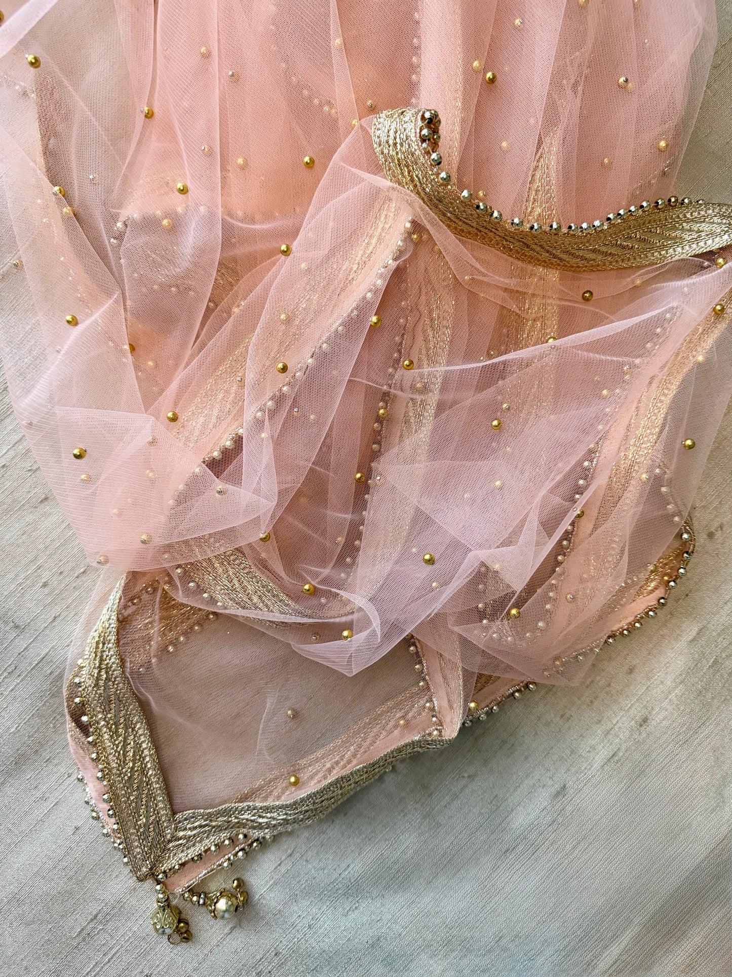 Peach Net Dupatta| Sample Sale| Net| All over beads| Border | Latkan| Clearance might have slight defects*