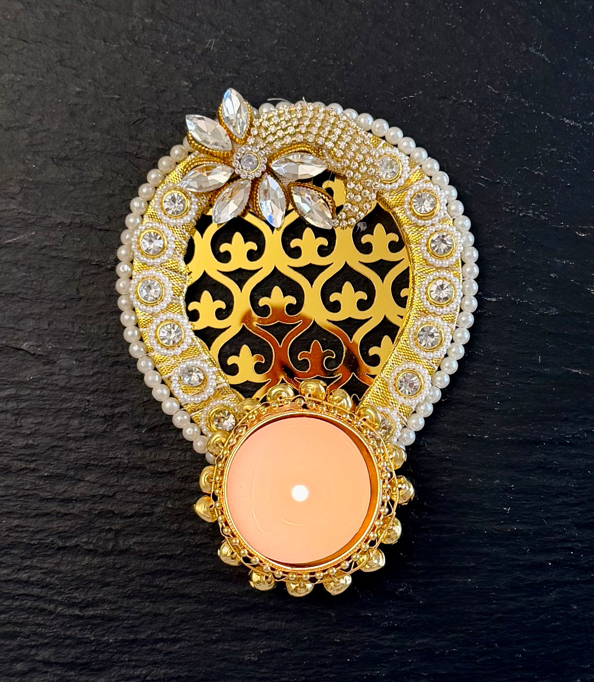 2x Pear Shaped Ghungroo Design Large Tea light Candle Holders Metal Mirrored and Diamantés Diyas | Diwali Decor | Navratri | Thaal Decoration