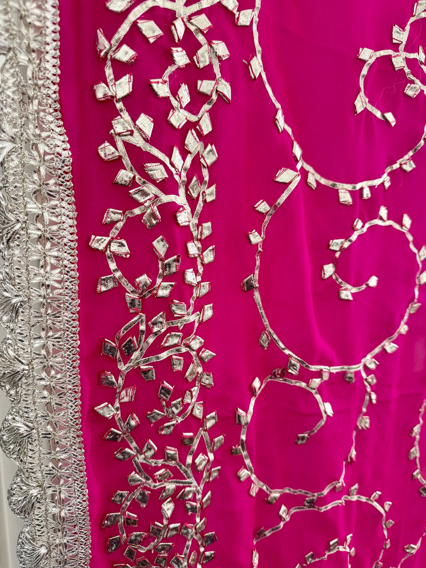 Hot-Pink Silver Georgette Dupattas Heavy gota work border Scarf Chunni Chunri Odhni| Clearance|Defects