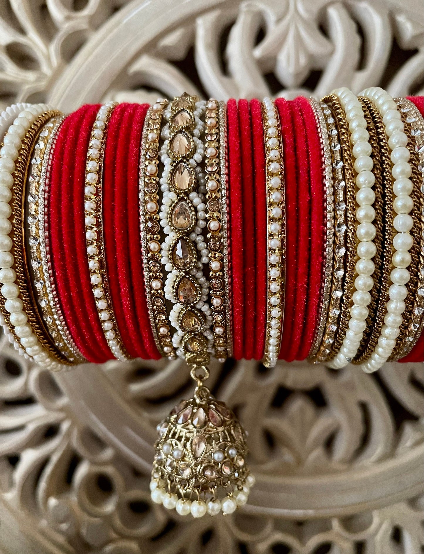 Red Velvet Bangle Stack: Pearl Kundan Jhumki Kangan, Indian Bridal Jewelry (Set of 50)