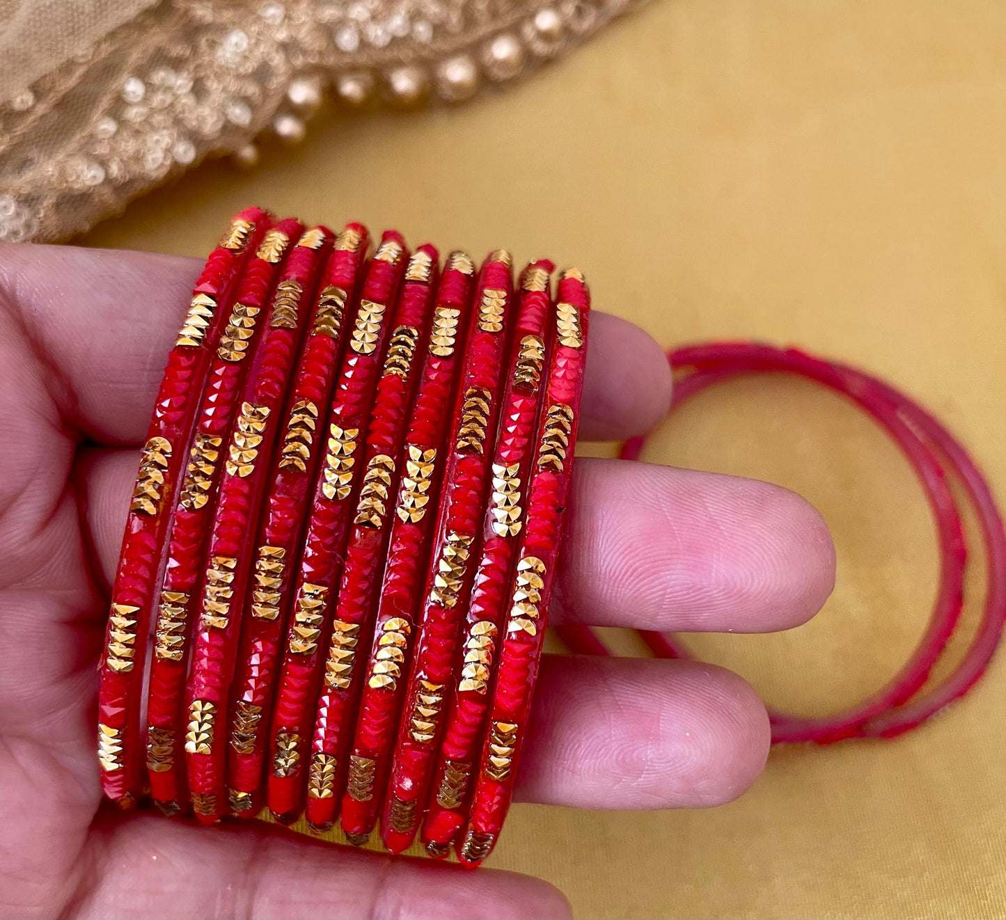 Glass Bangles- Pack of 10 Bangles| Red Various Designs
