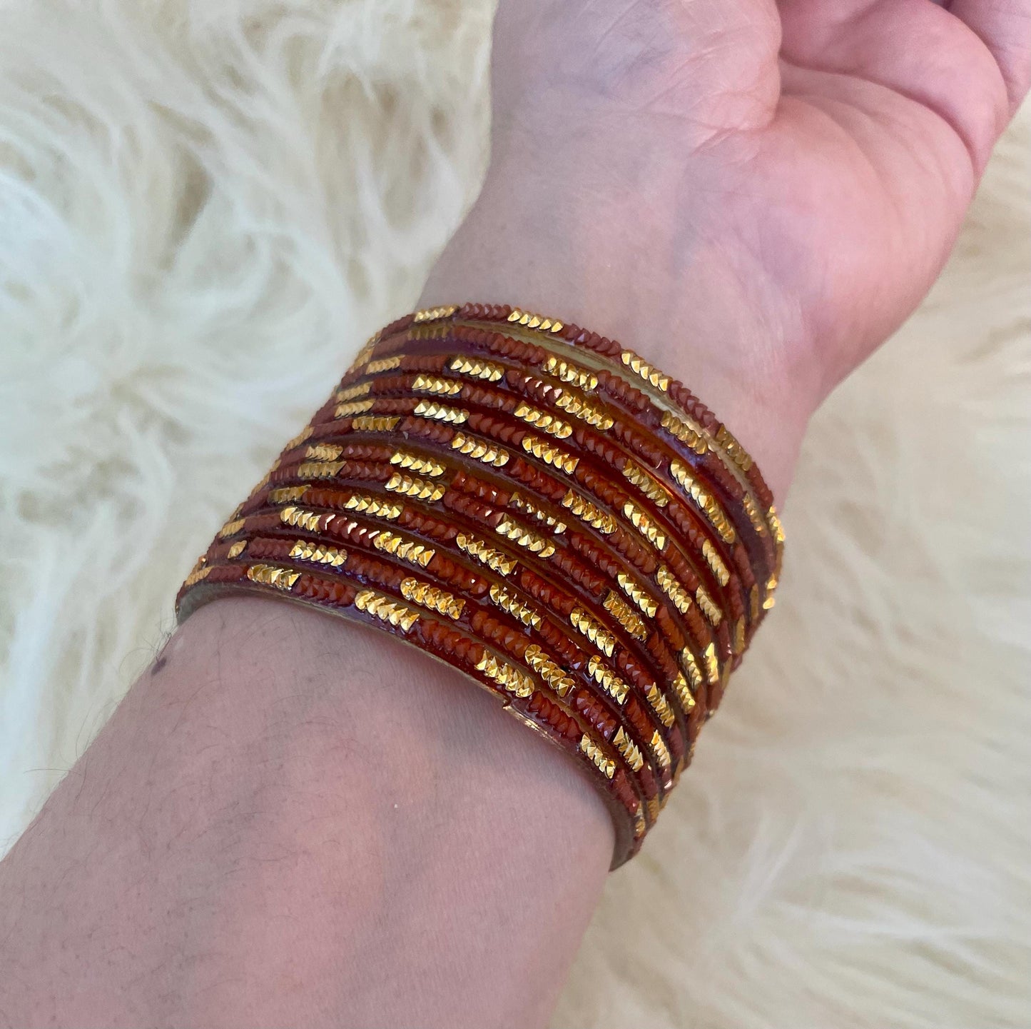 Brown Copper-ish Coloured Glass Bangles with embellishments | 12 Bangles