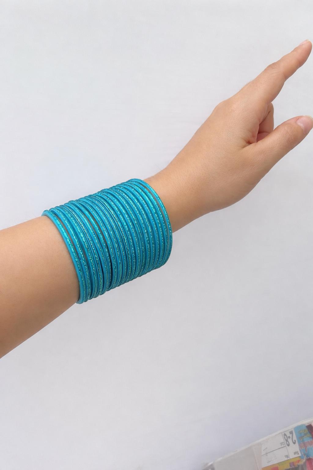 Glass Bangles- Light Blue Firozi Aqua Colour Pack of 12 Glitter