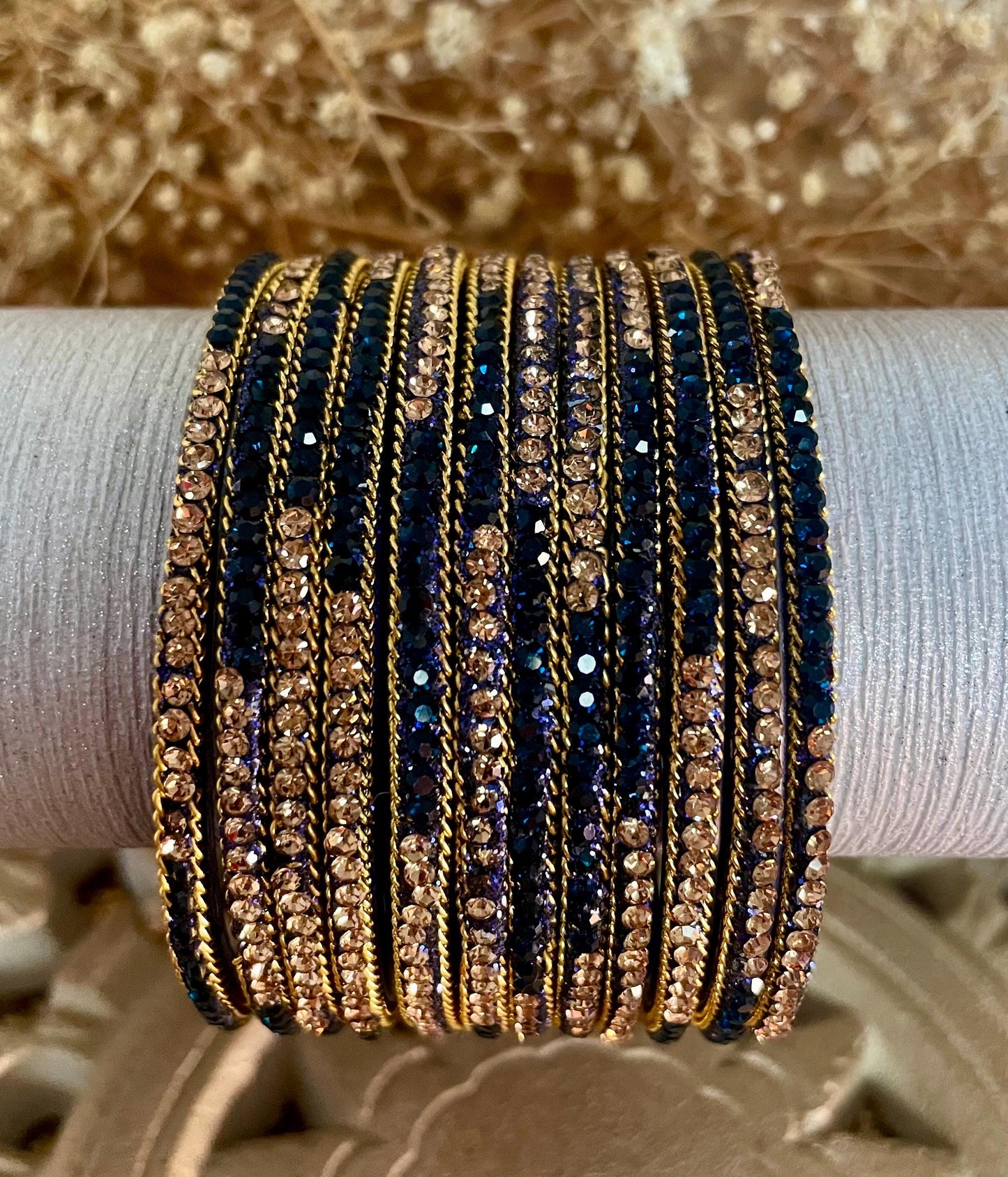 Glass Bangles encrusted with rhinestones and Golden chain on edges| Navy and Gold Stones | 12 Bangles