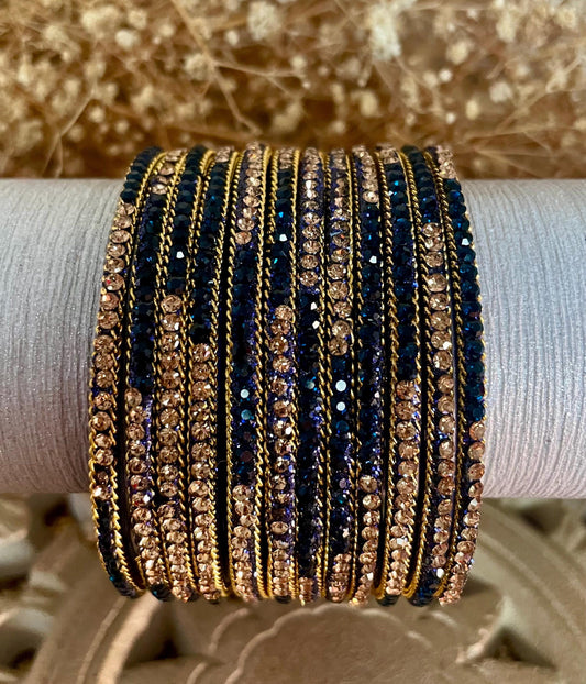 Glass Bangles encrusted with rhinestones and Golden chain on edges| Navy and Gold Stones | 12 Bangles