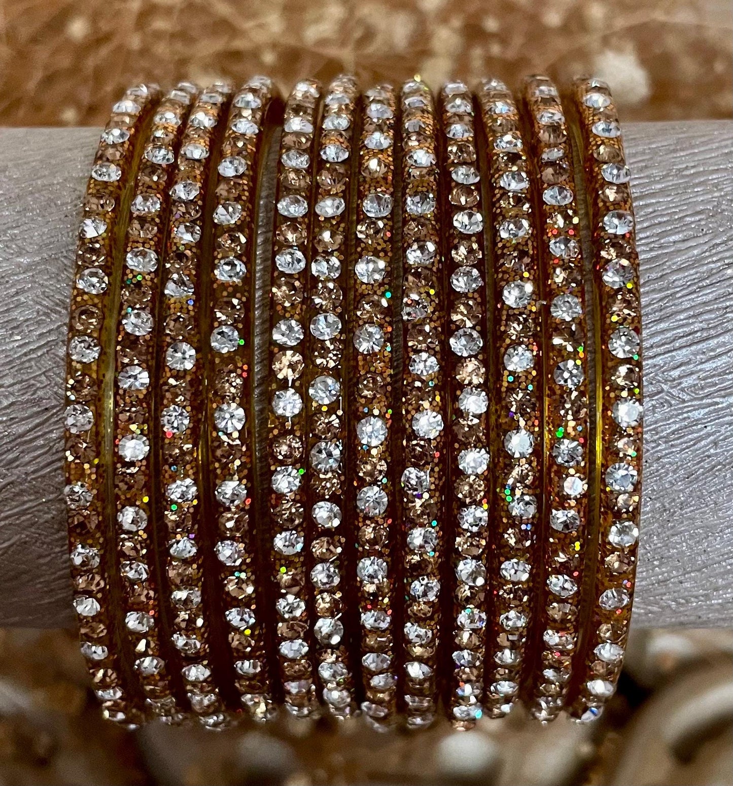 Golden and White Stones Glass Bangles with LCD stones| 12 Bangles