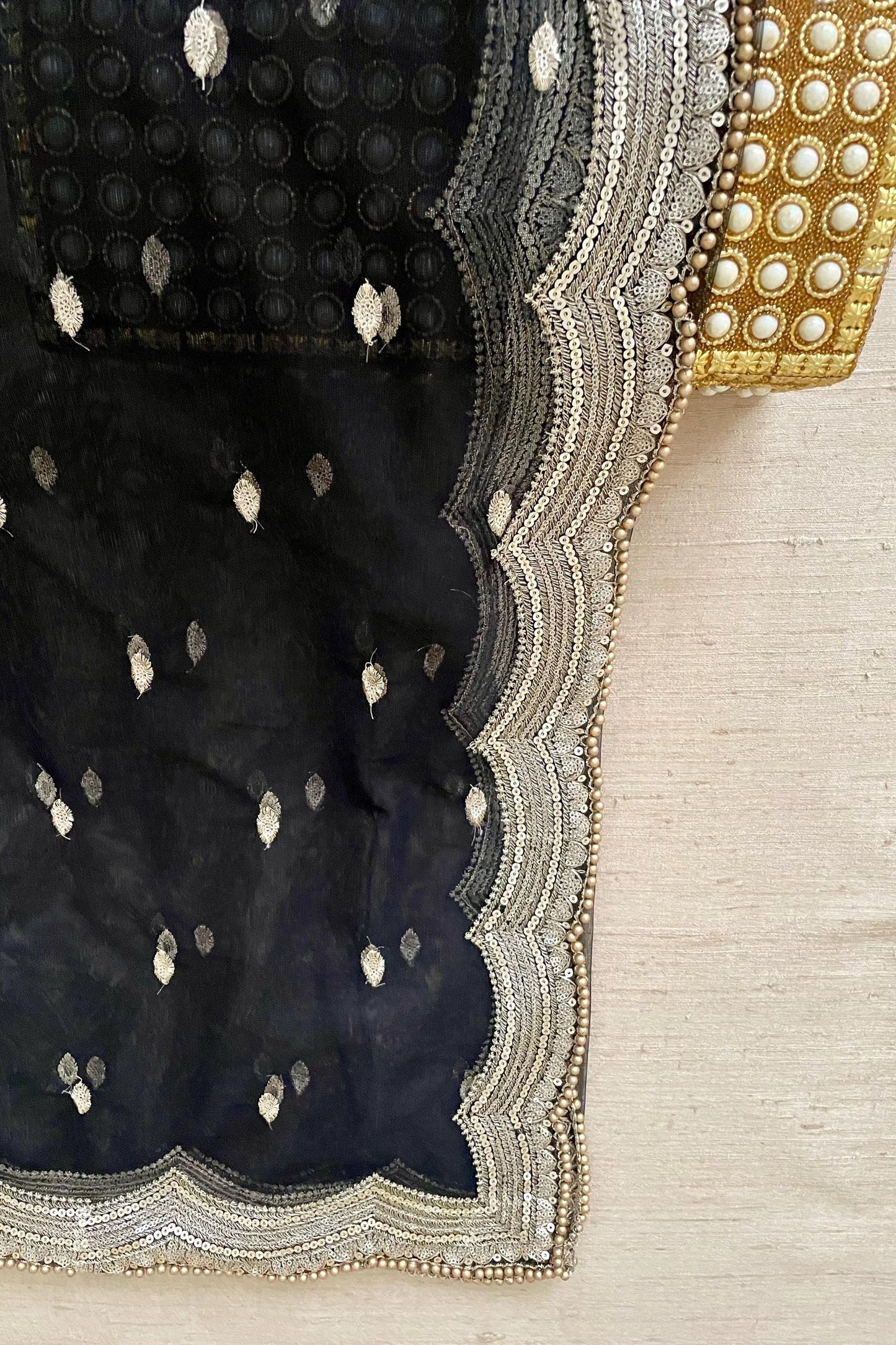 Black Net Dupatta: Scalloped Sequin Border, Golden Beads