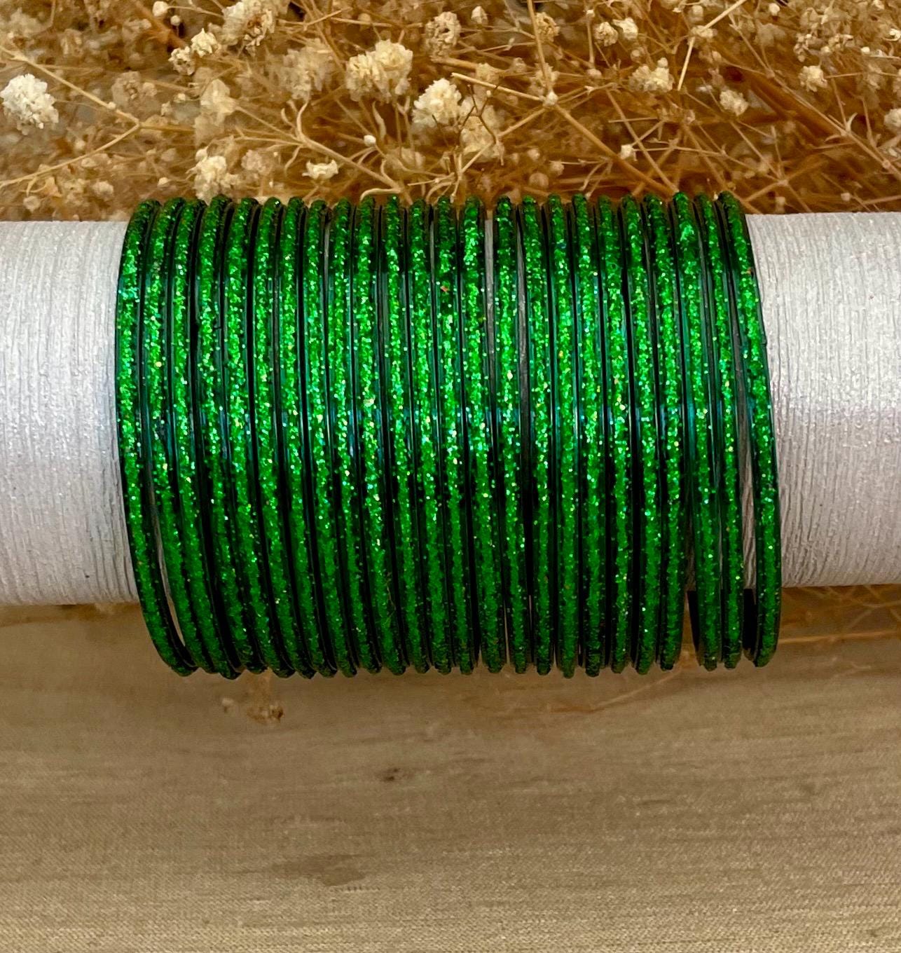 Glass Bangles- Green Dark Kai Colour Pack of 12 Glitter
