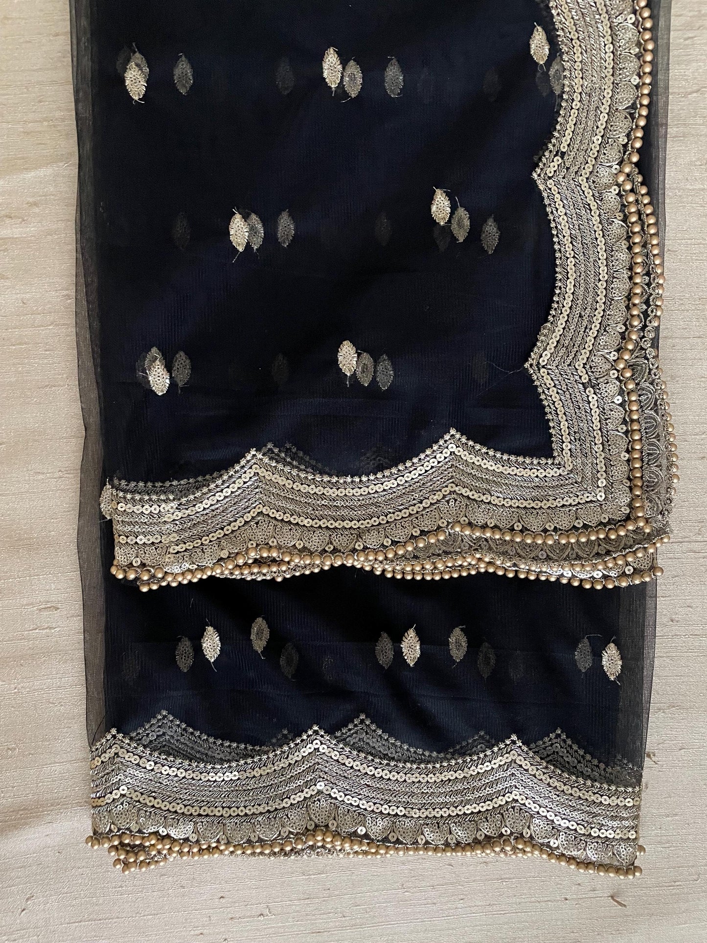Black Net Dupatta: Scalloped Sequin Border, Golden Beads