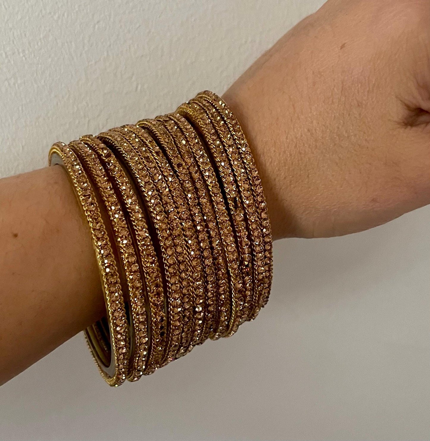 Glass Bangles encrusted with rhinestones and Golden chain on edges| Gold on Gold Stones | 12 Bangles