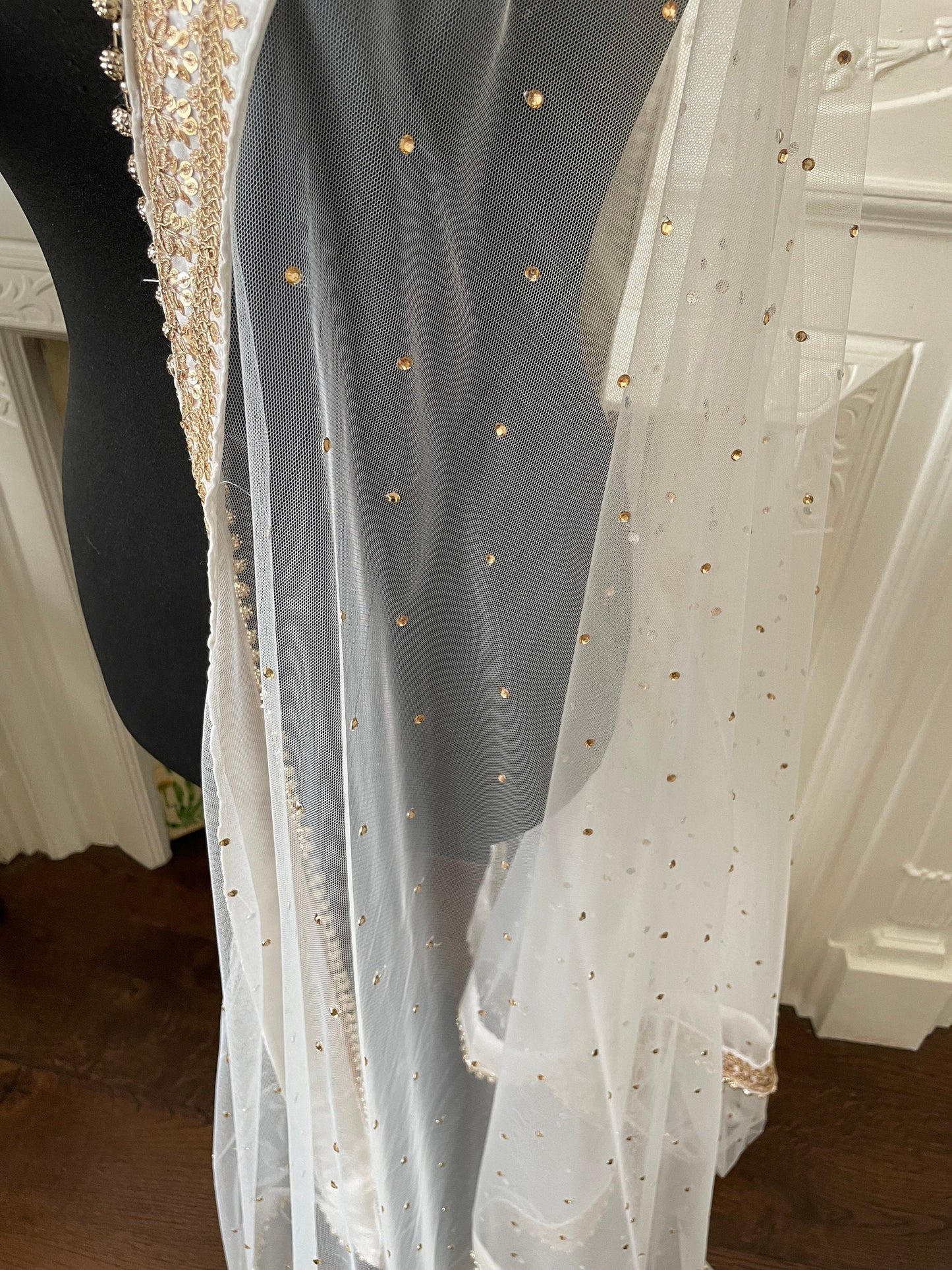 White Bridal Net Duppatta: Golden Bead Trim, Indian Wedding Scarf