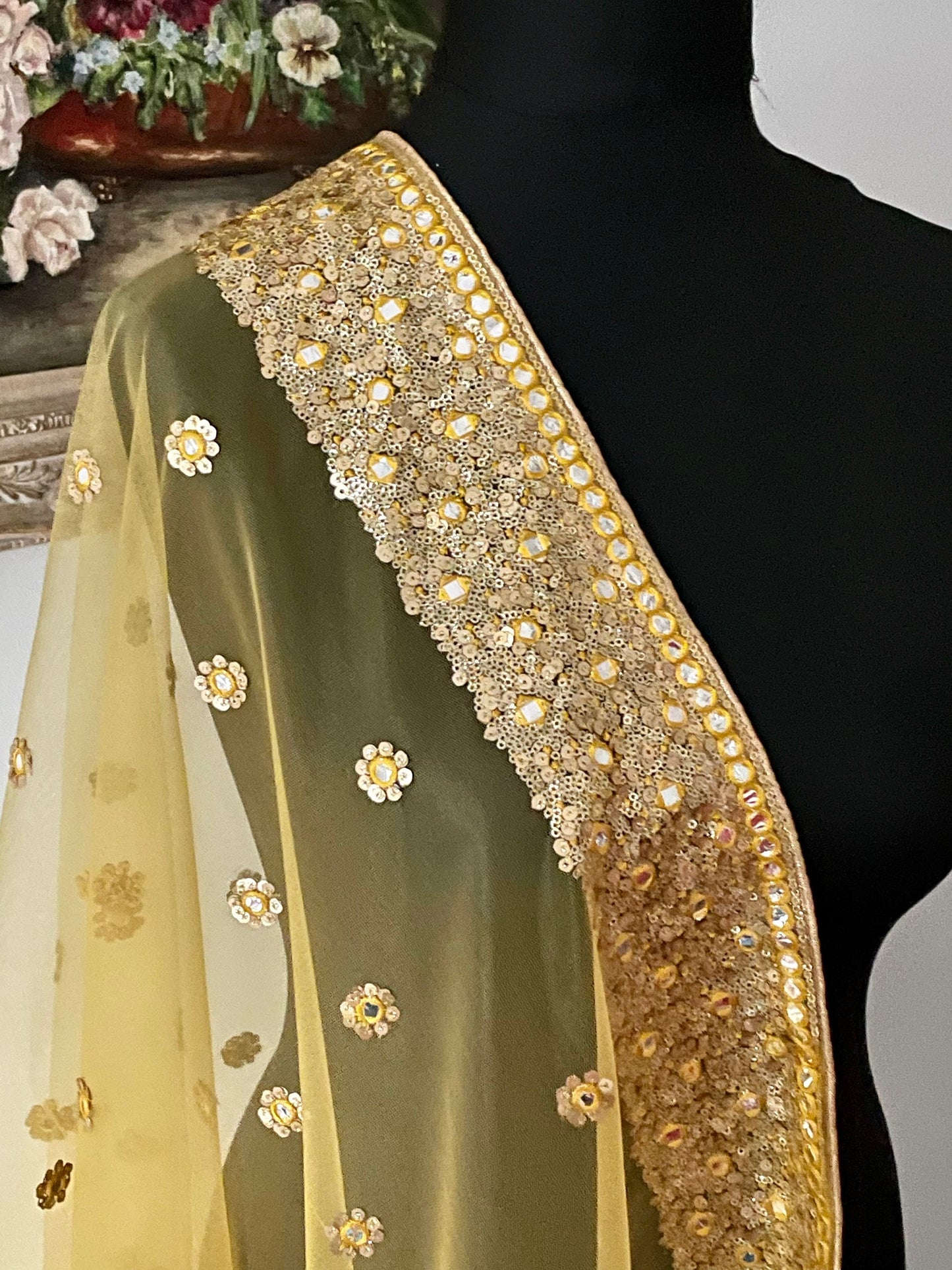 Yellow| Net Duppattas Broad Sequin cluster faux mirror work border Scarf Chunni Chunri Odhni Weddings Dressing