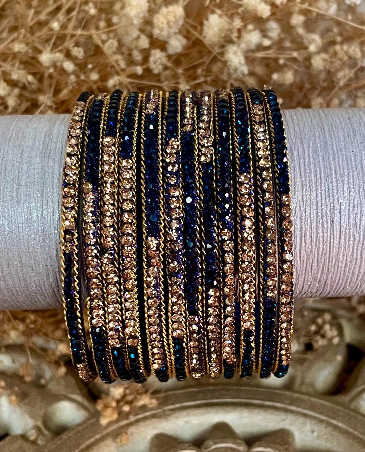 Glass Bangles encrusted with rhinestones and Golden chain on edges| Navy and Gold Stones | 12 Bangles