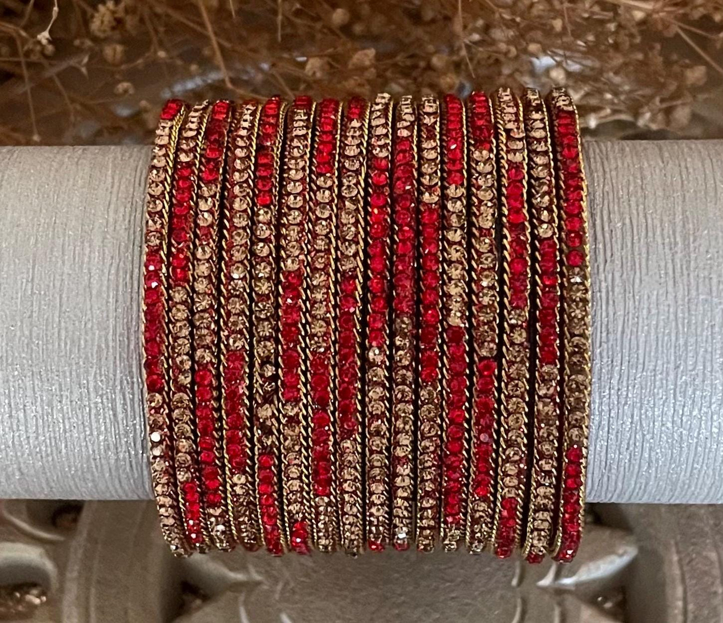 Glass Bangles encrusted with rhinestones and Golden chain on edges| Red and Gold Stones | 12 Bangles