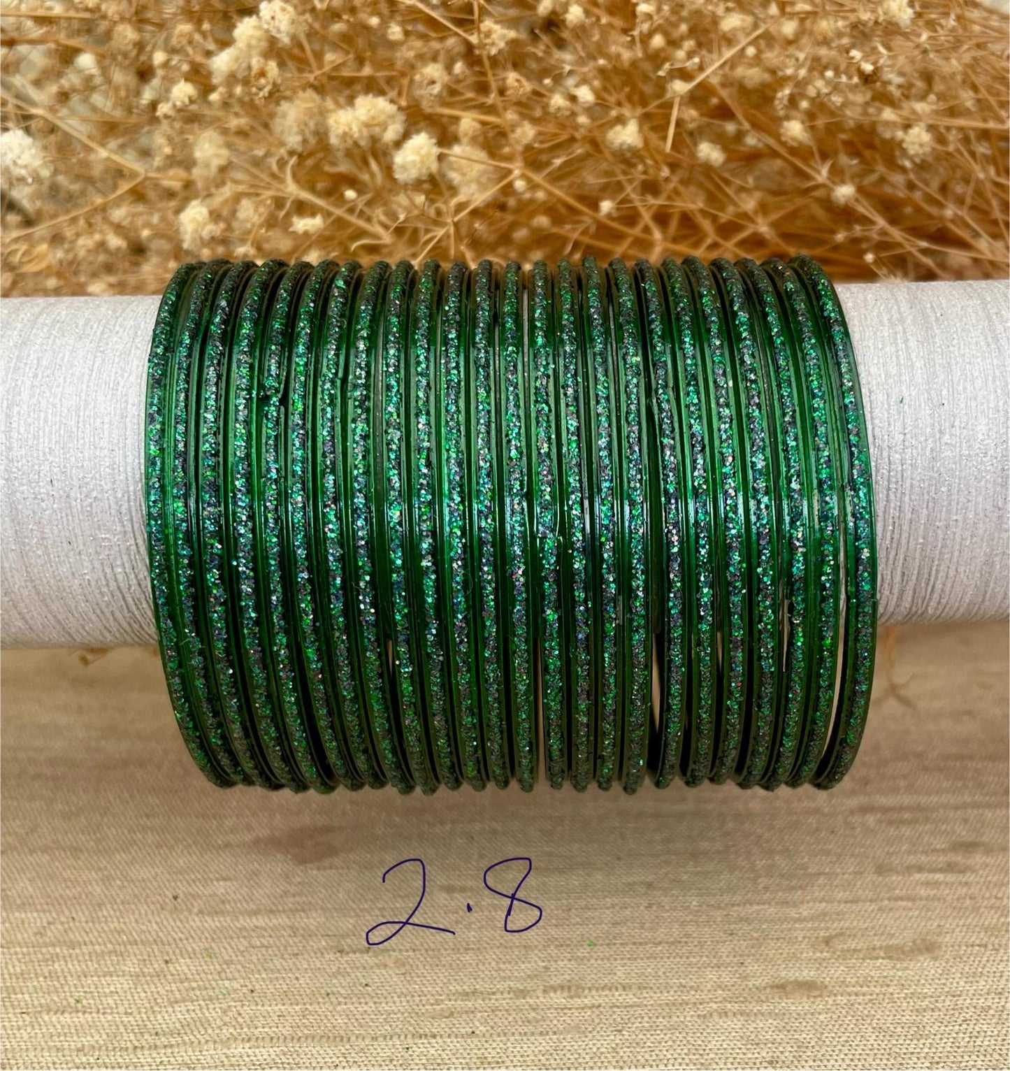 Glass Bangles- Green Dark Kai Colour Pack of 12 Glitter