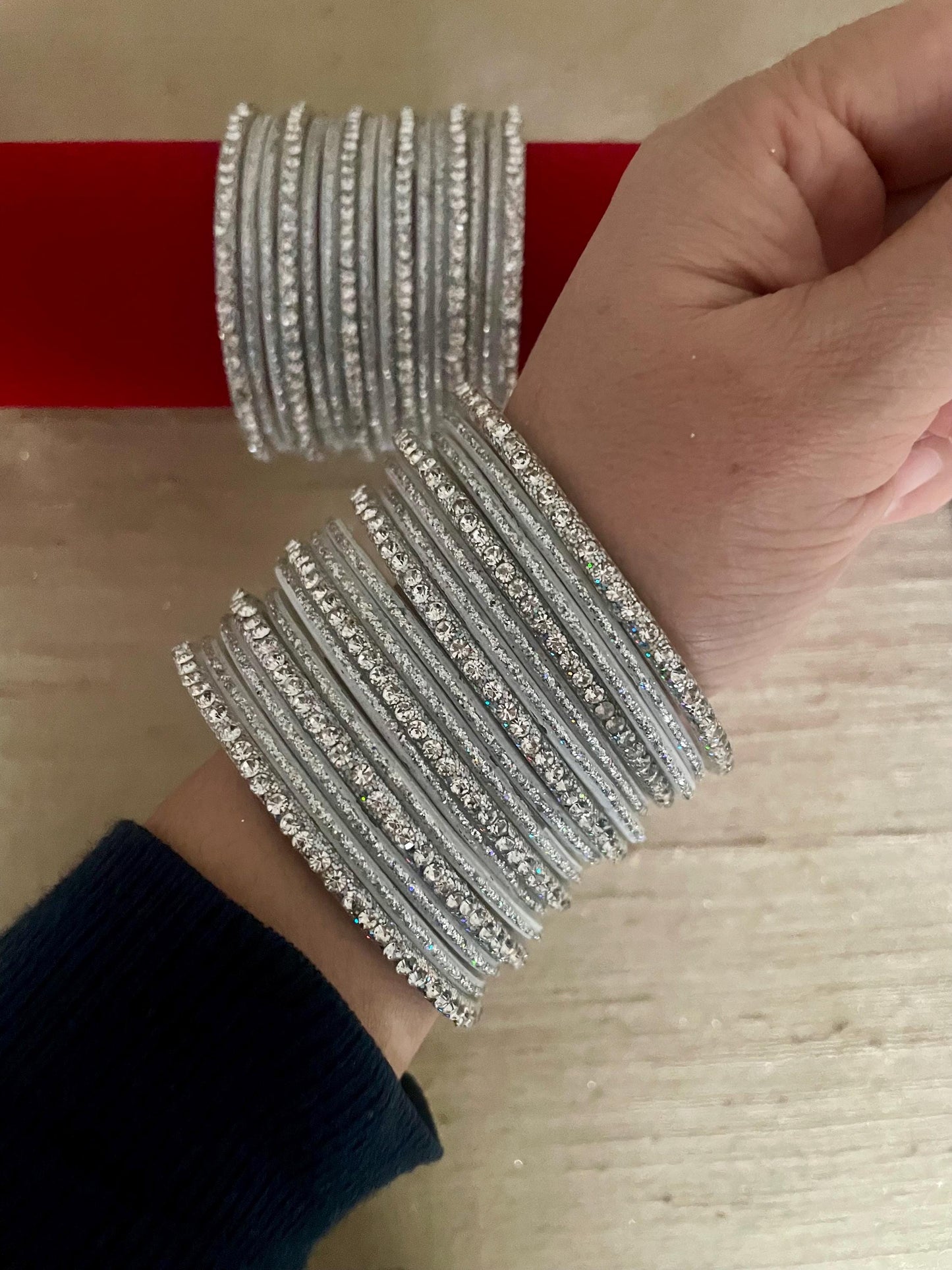 Glass Bangles Silver and White Sparkle and Glitter Stones | 32 Bangles| Set for two hands