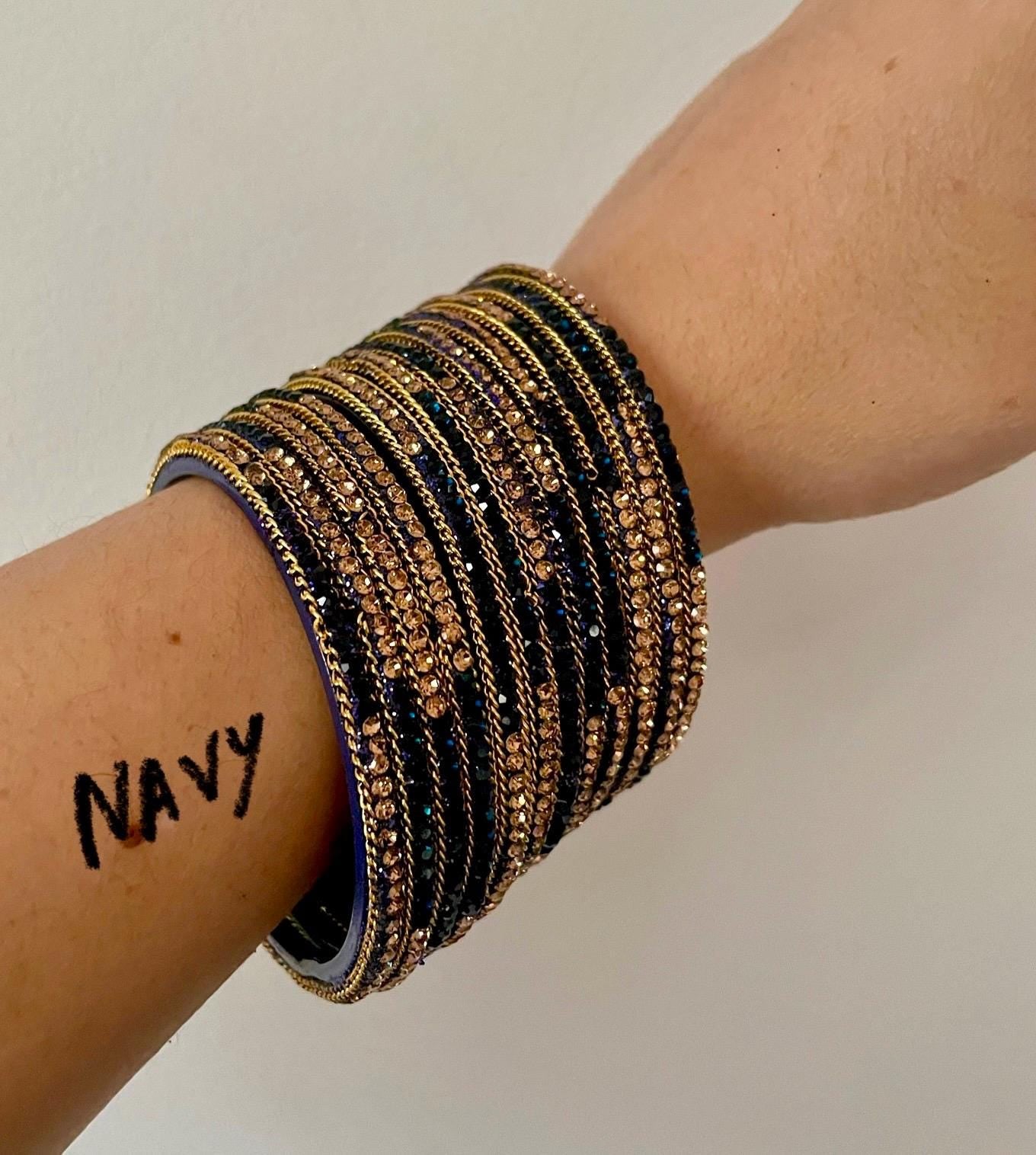 Glass Bangles encrusted with rhinestones and Golden chain on edges| Navy and Gold Stones | 12 Bangles