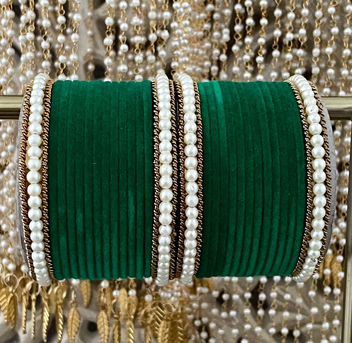 Velvet & Pearl Bangle Stack: Indian Wedding Jewelry (28 Bangles)