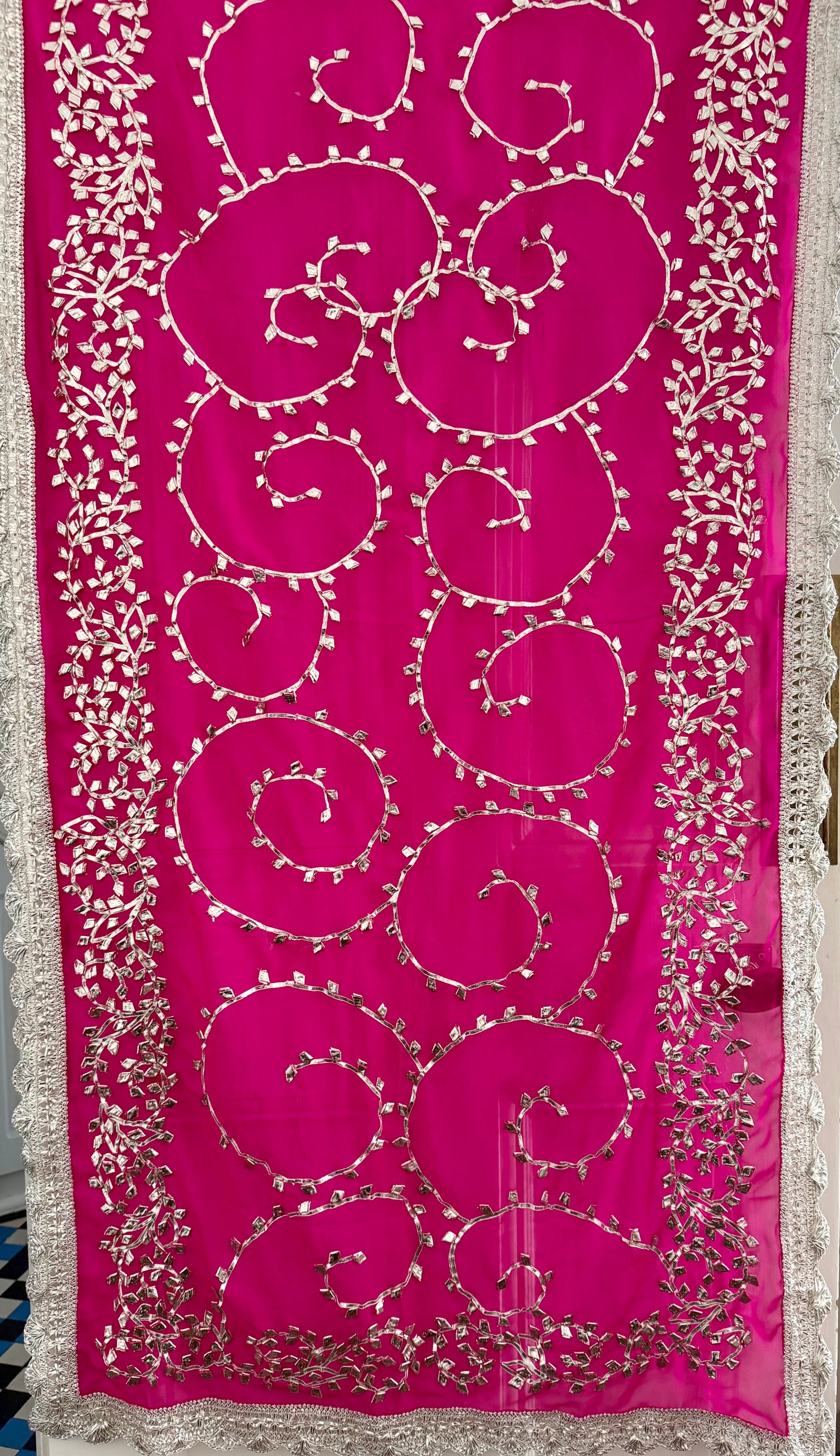 Hot-Pink Silver Georgette Dupattas Heavy gota work border Scarf Chunni Chunri Odhni| Clearance|Defects