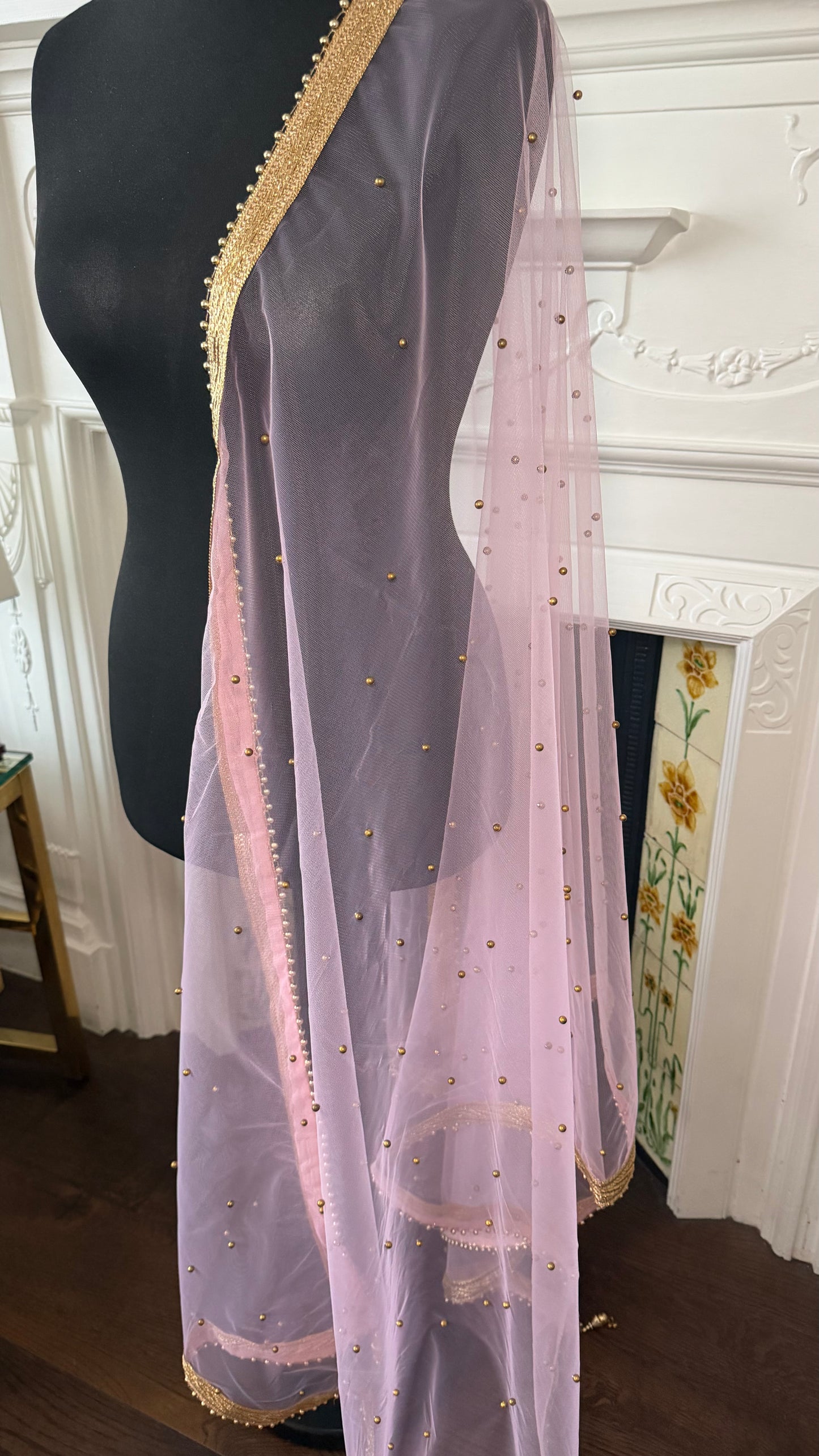 Pink Net Dupatta| Sample Sale| Net| All over beads| Border | Latkan| Clearance might have slight defects**