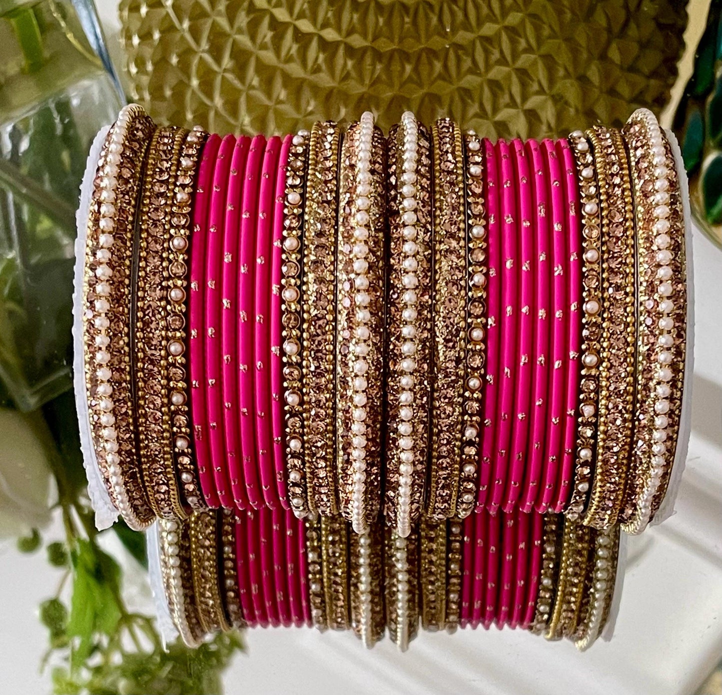 Kimran Bangle Stack for two hands- Pearls and Champagne coloured stones