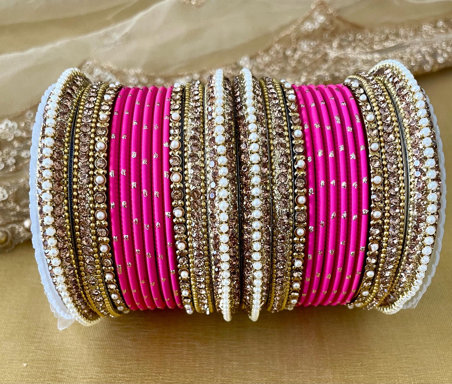 Kimran Bangle Stack for two hands- Pearls and Champagne coloured stones