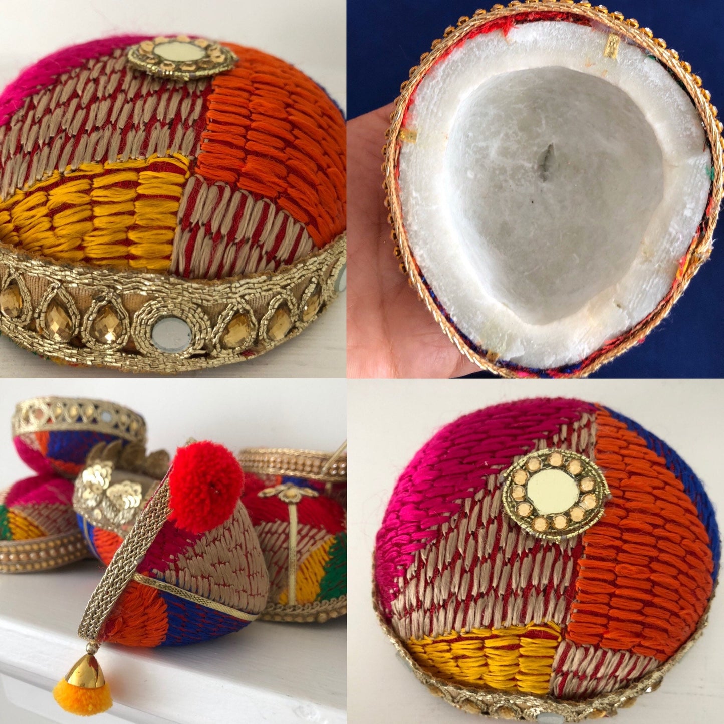 10 x Phulkari Thuttis Decorated Coconut Halves Nariyal essential Sikh Wedding Ladies Milni South Indian Wedding Accessory Asian Weddings