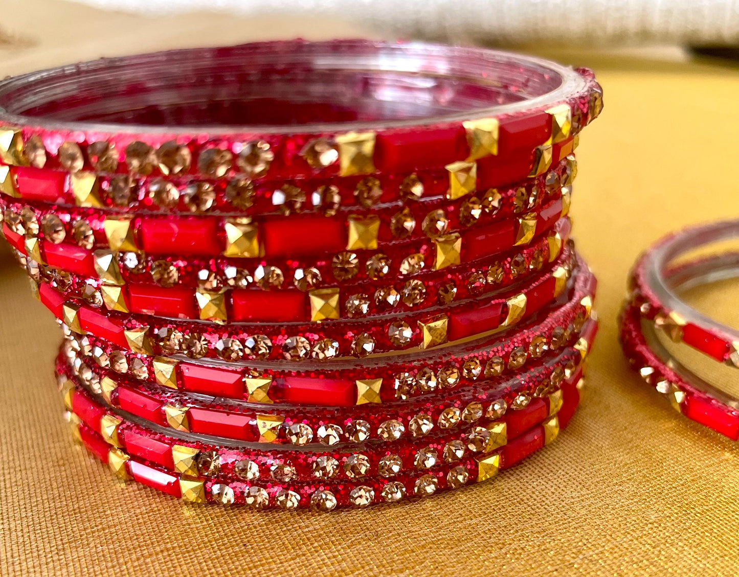 Glass Bangles- Pack of 10 Bangles| Red Various Designs