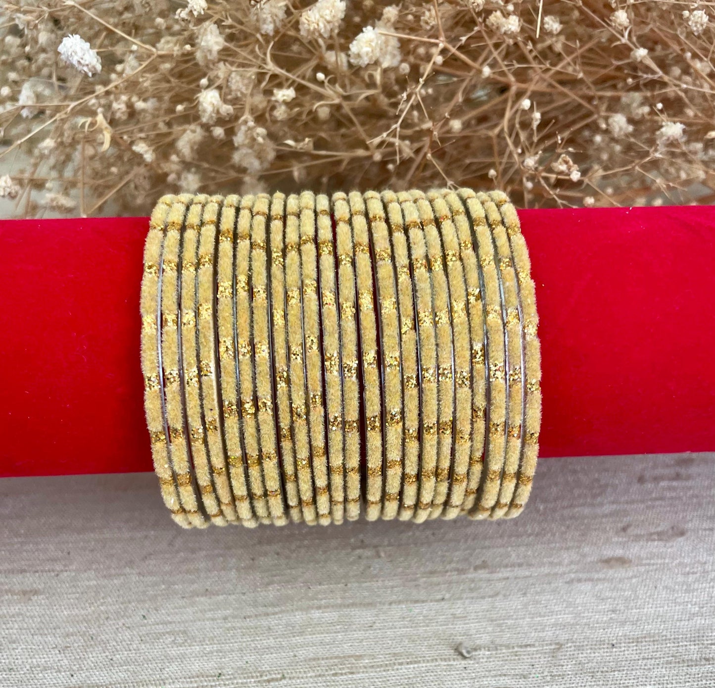 Glass Bangles-Velvet Beige Cream Colour Pack of 12 Glitter