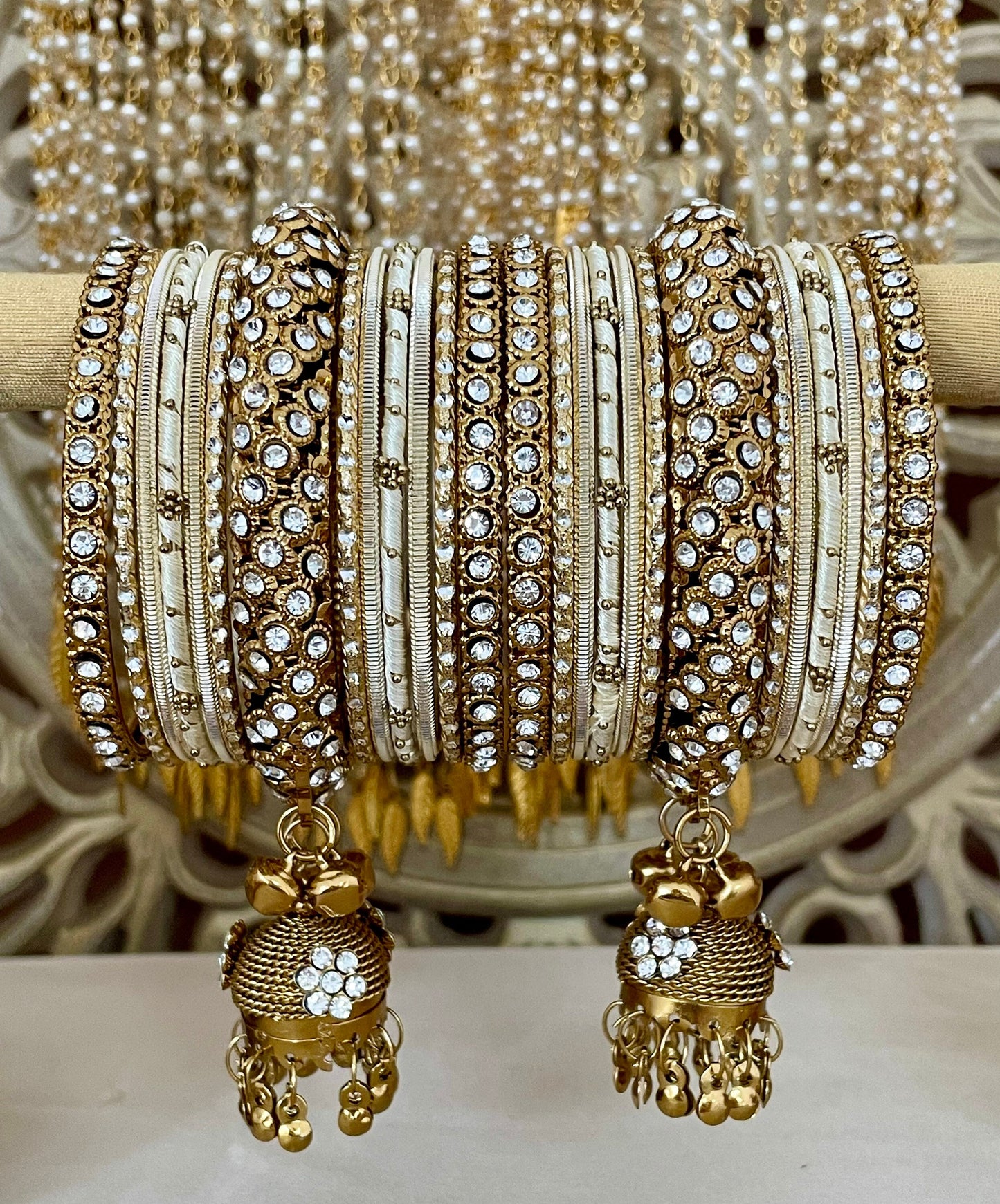 Indian Jhumki Latkan Metal& Thread Bangles Set Bollywood Costume Jewelry Diamante Rhinestones