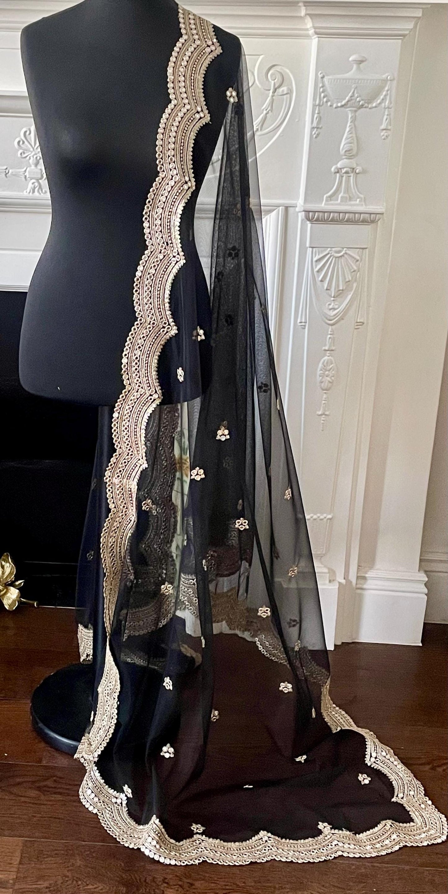 Black| Kalaa Net Duppattas scallop Sequin border Scarf Chunni Chunri Foil Mirror Border