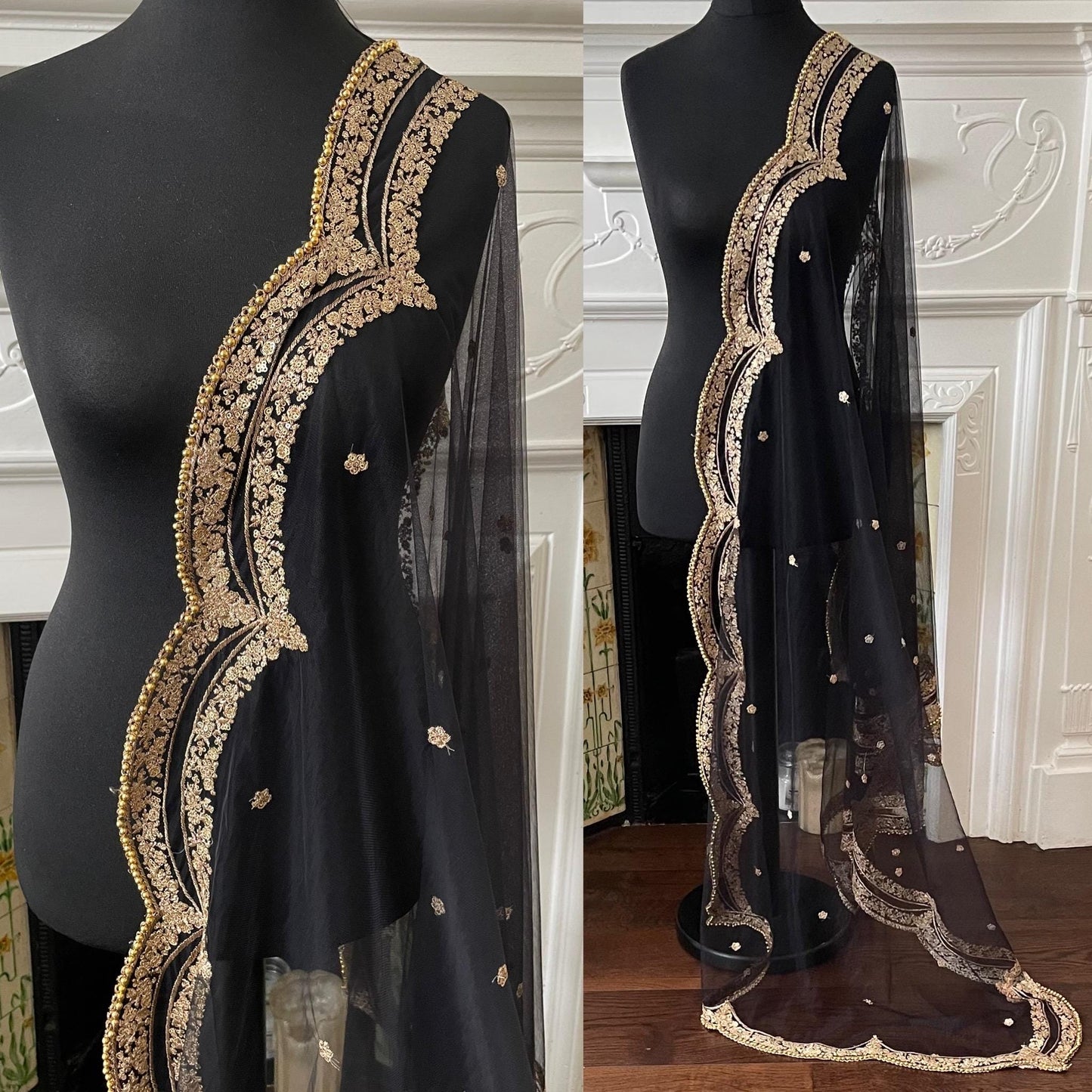 Black Net Dupatta: Scalloped Sequin Border, Golden Beads