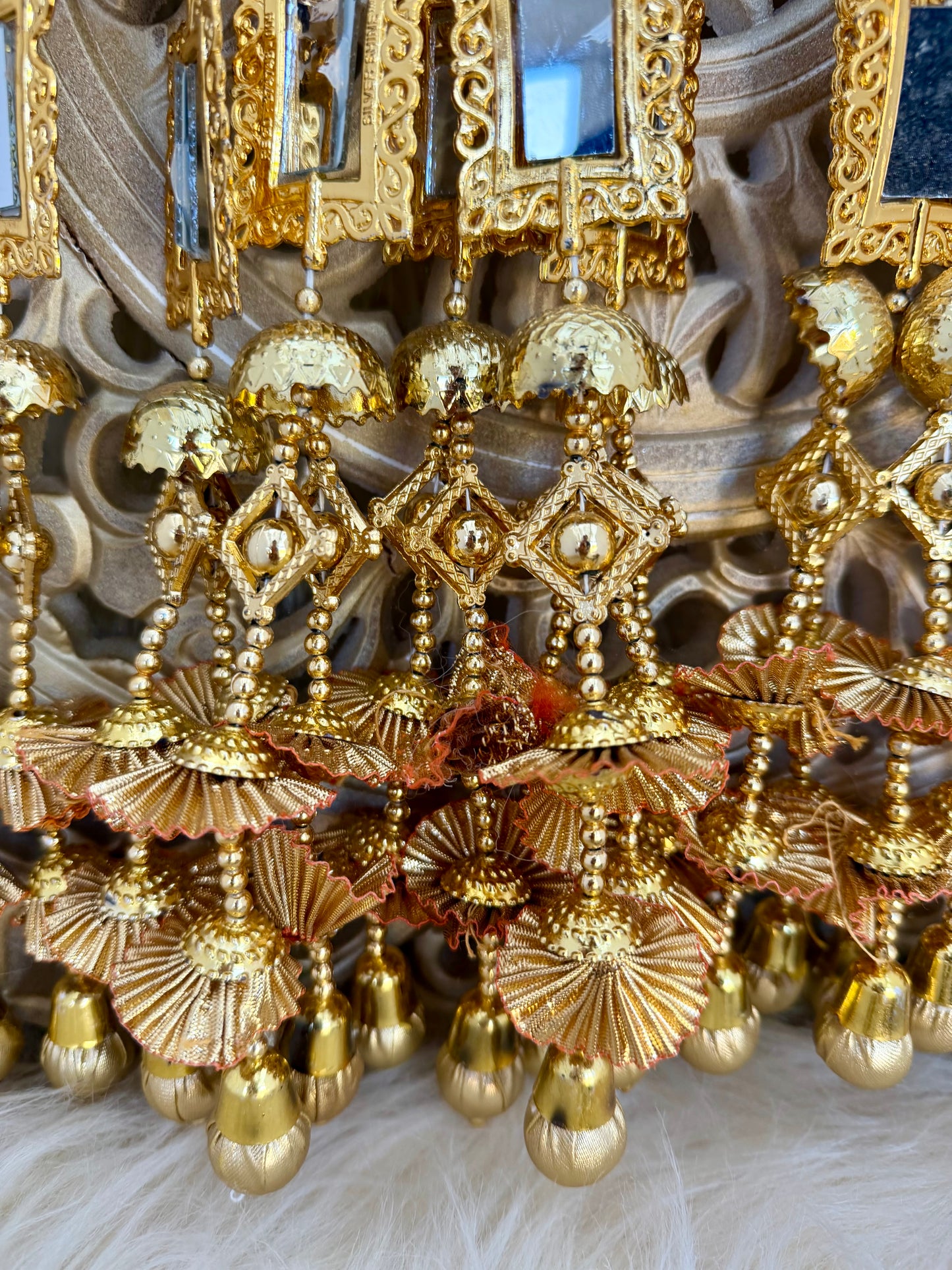 Gold Baubles Mirror Paranda Parande Mehendi Sangeet Maiyo Hair Braids Punjabi Weddings Phulkari