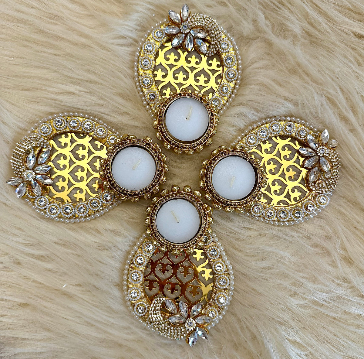 2x Pear Shaped Ghungroo Design Large Tea light Candle Holders Metal Mirrored and Diamantés Diyas | Diwali Decor | Navratri | Thaal Decoration