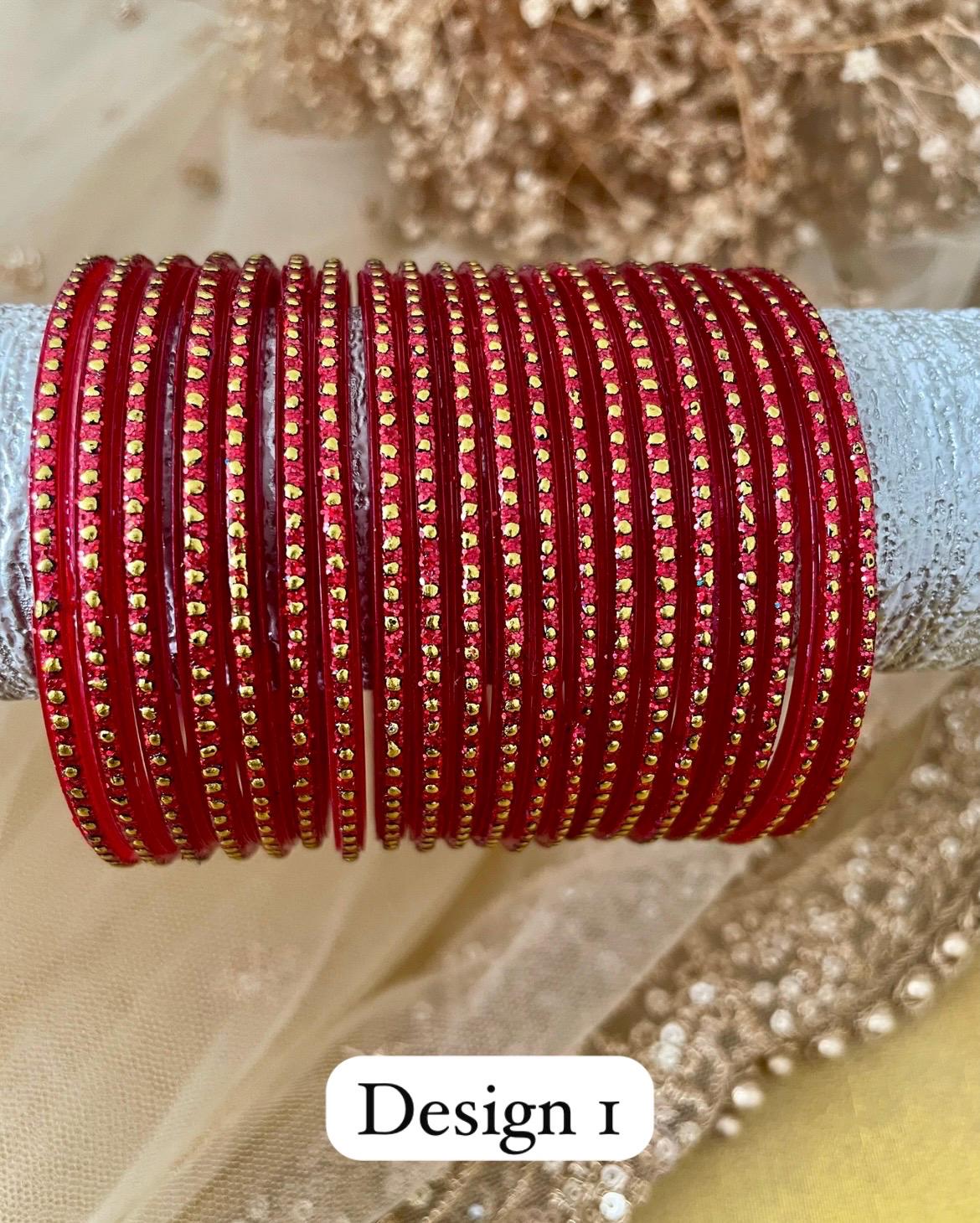Glass Bangles- Pack of 10 Bangles| Red Various Designs
