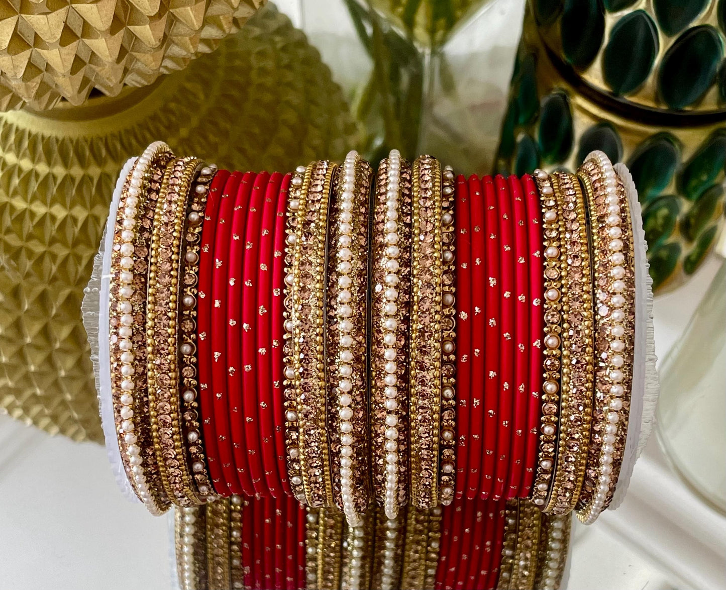 Kimran Bangle Stack for two hands- Pearls and Champagne coloured stones
