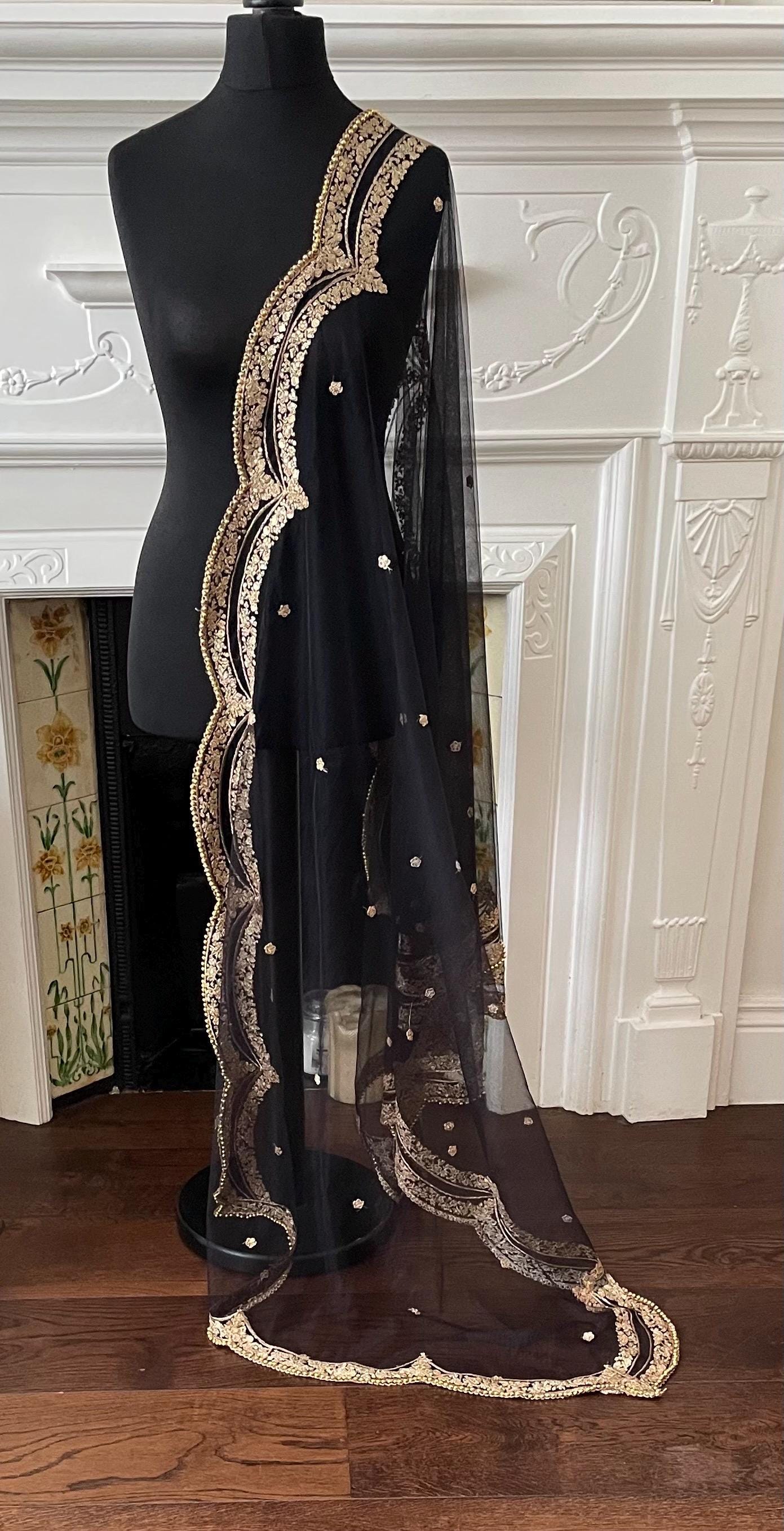 Black Net Dupatta: Scalloped Sequin Border, Golden Beads