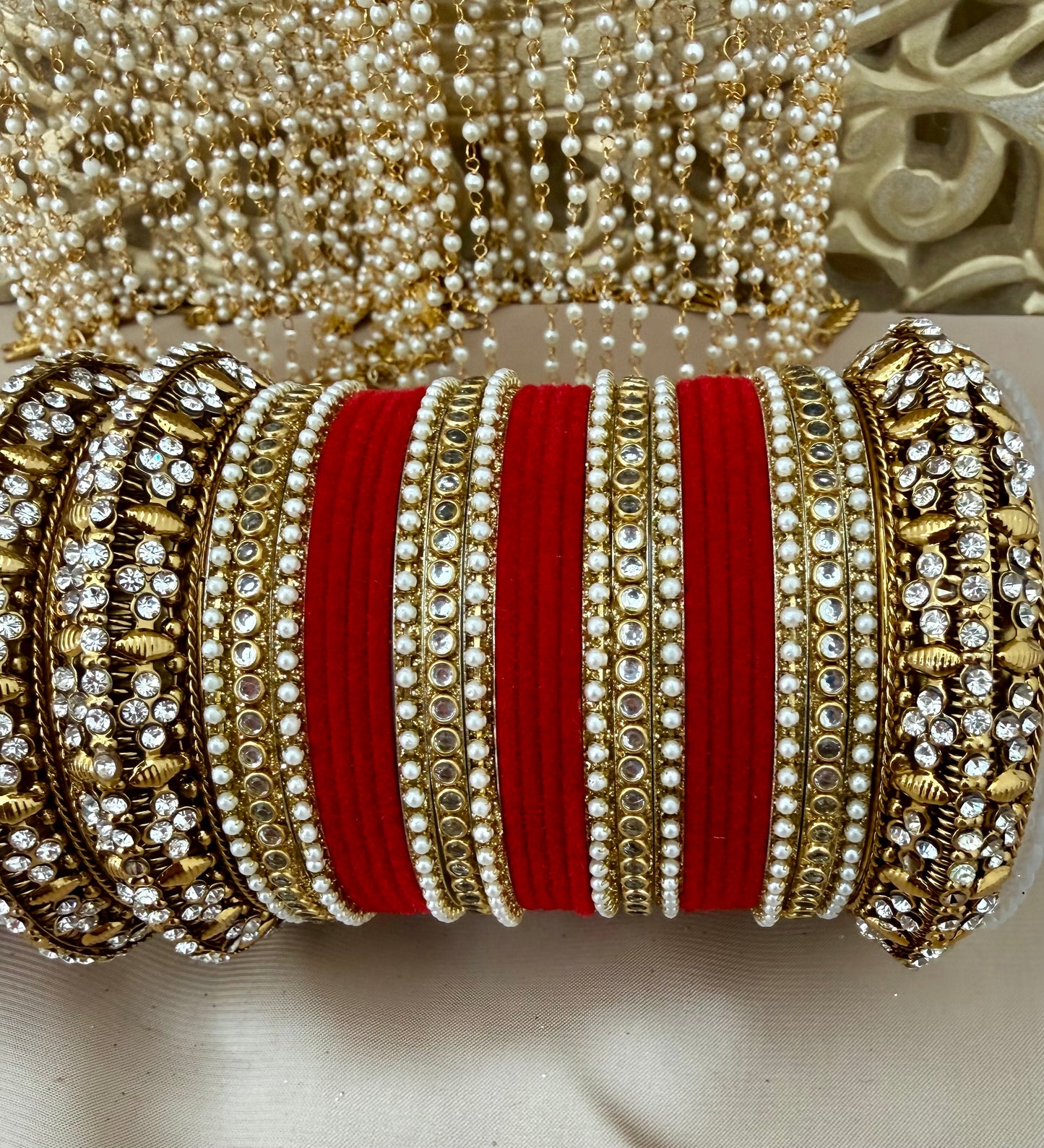 Red Velvet Bridal Bangle Stack: Kundan Indian Jewelry| Pearls| Chooras | Set for both hands| Can be customised in other colours*