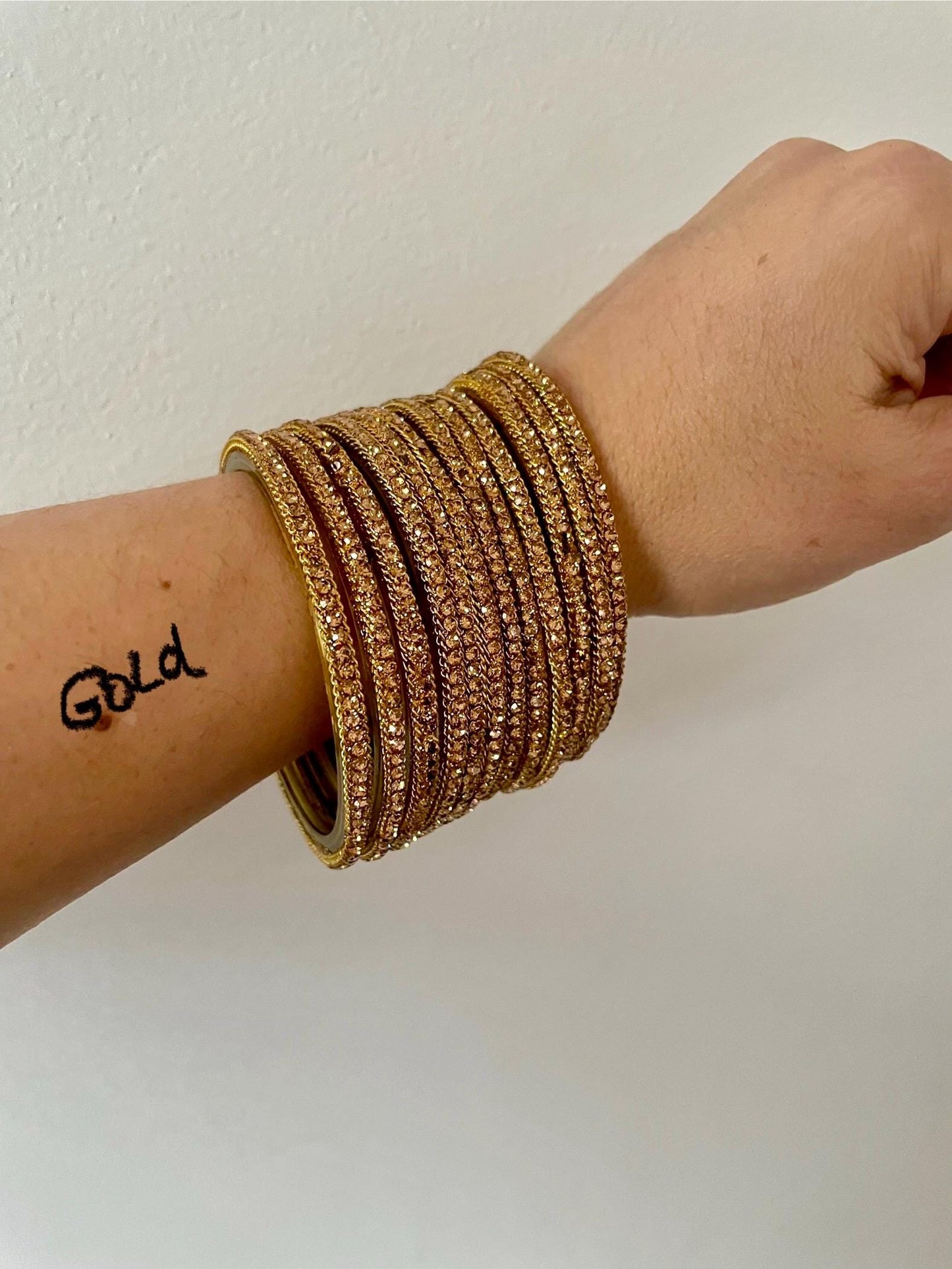 Glass Bangles encrusted with rhinestones and Golden chain on edges| Gold on Gold Stones | 12 Bangles