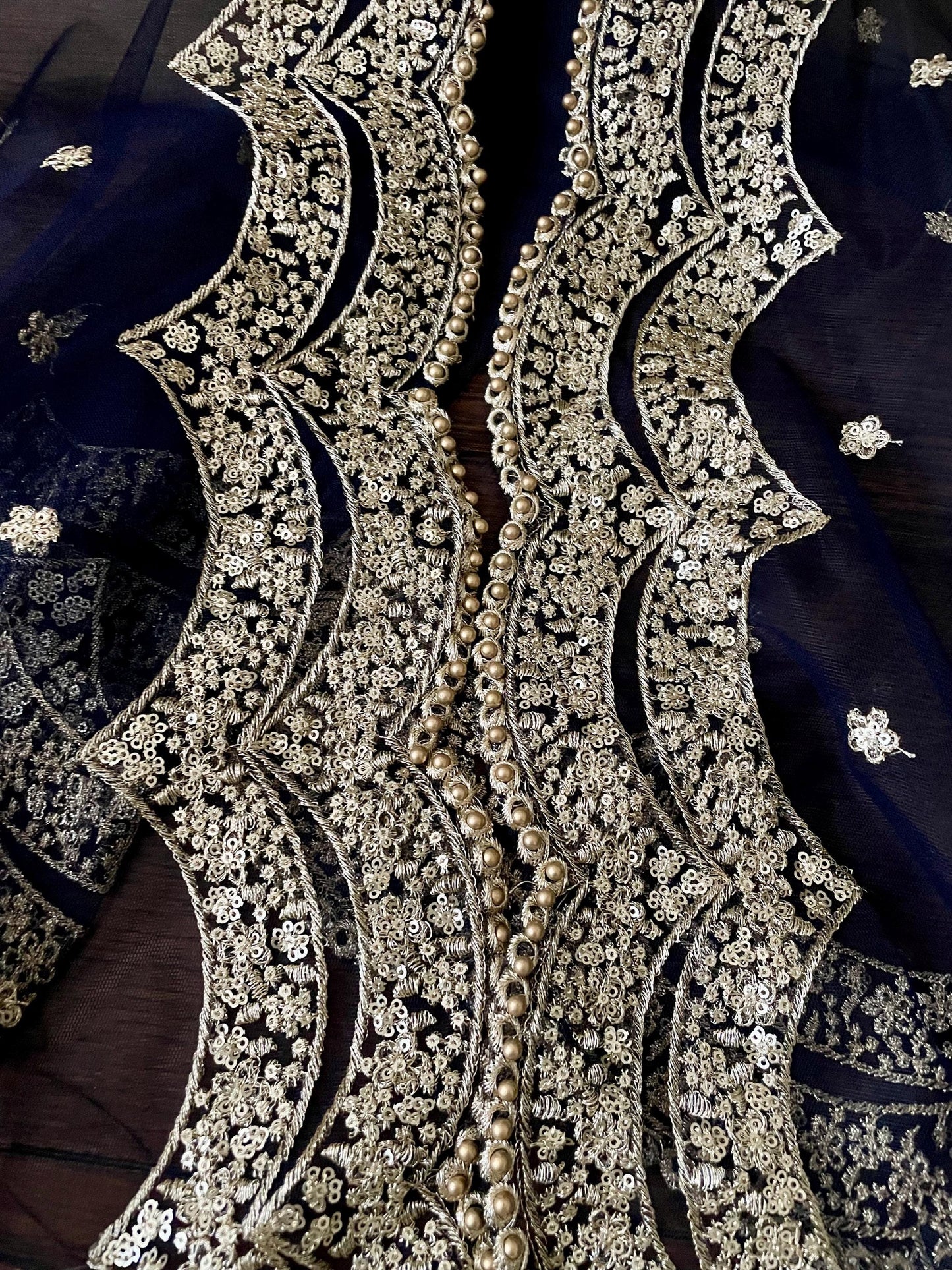 Navy - Blackish Blue| Net Duppattas scallop Sequin Golden beads border Scarf Chunni Chunri