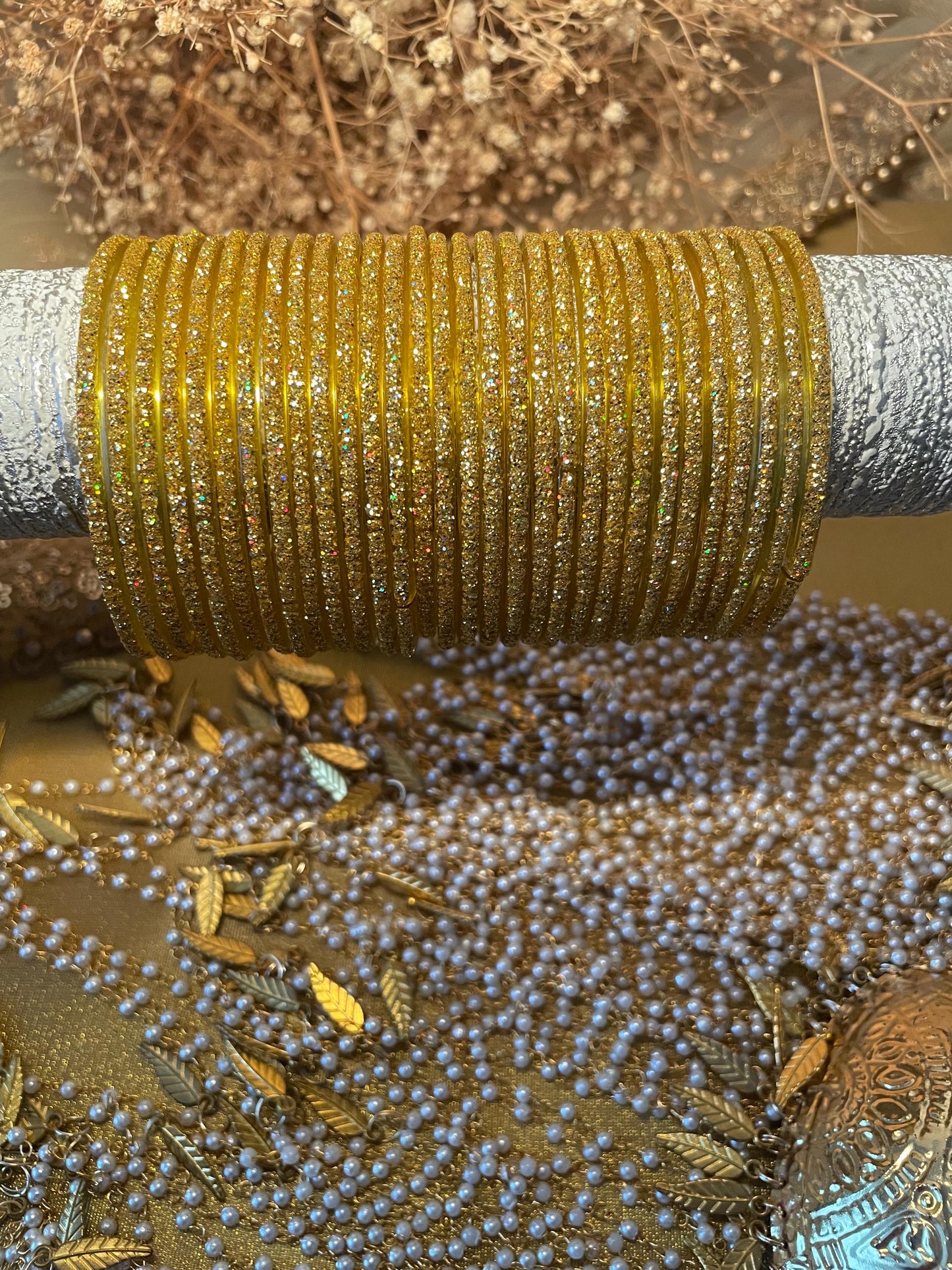Glass Bangles- Golden Pack of 12 Glitter Gold