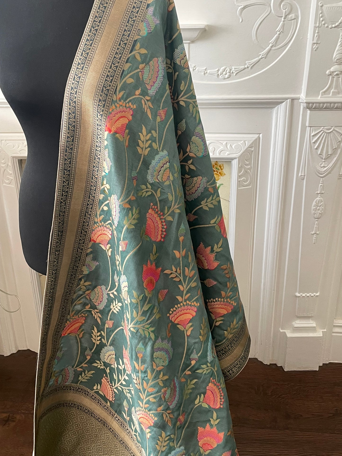 Vintage Muted Teal with Greyish undertones. Elegant & Suave Benarsi Banarsi Zari Woven Silk Duppattas Scarf Chunni Chunri Odhni