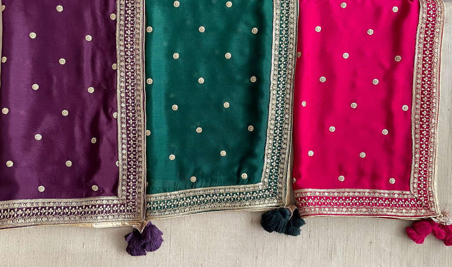 Sequin Chinon Dupatta: Four Side Border, Festive Scarf